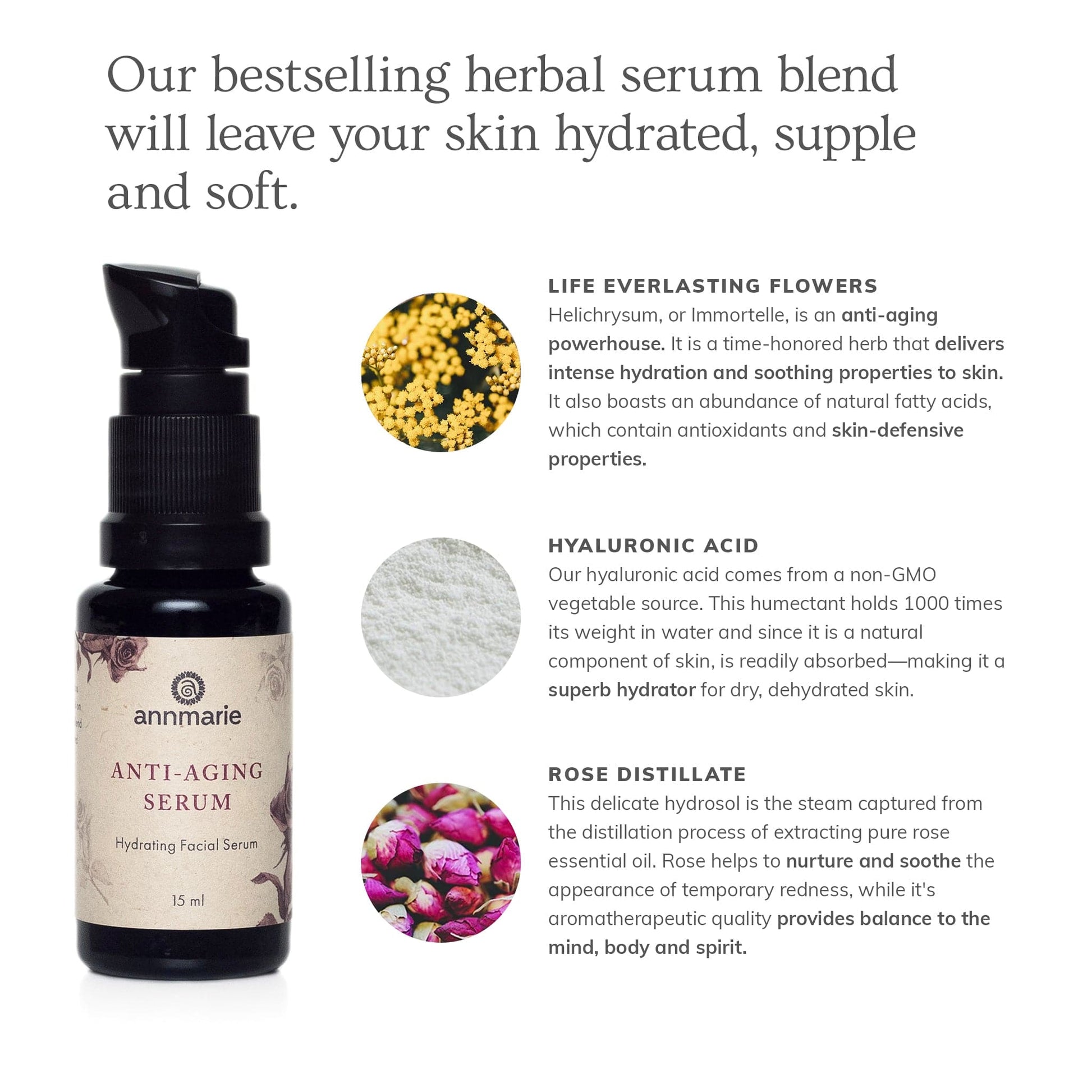 Annmarie Skin Care Anti-Aging Serum hydrating facial serum with hyaluronic acid, helichrysum, and rose distillate botanical ingredients for dry and aging skin.
