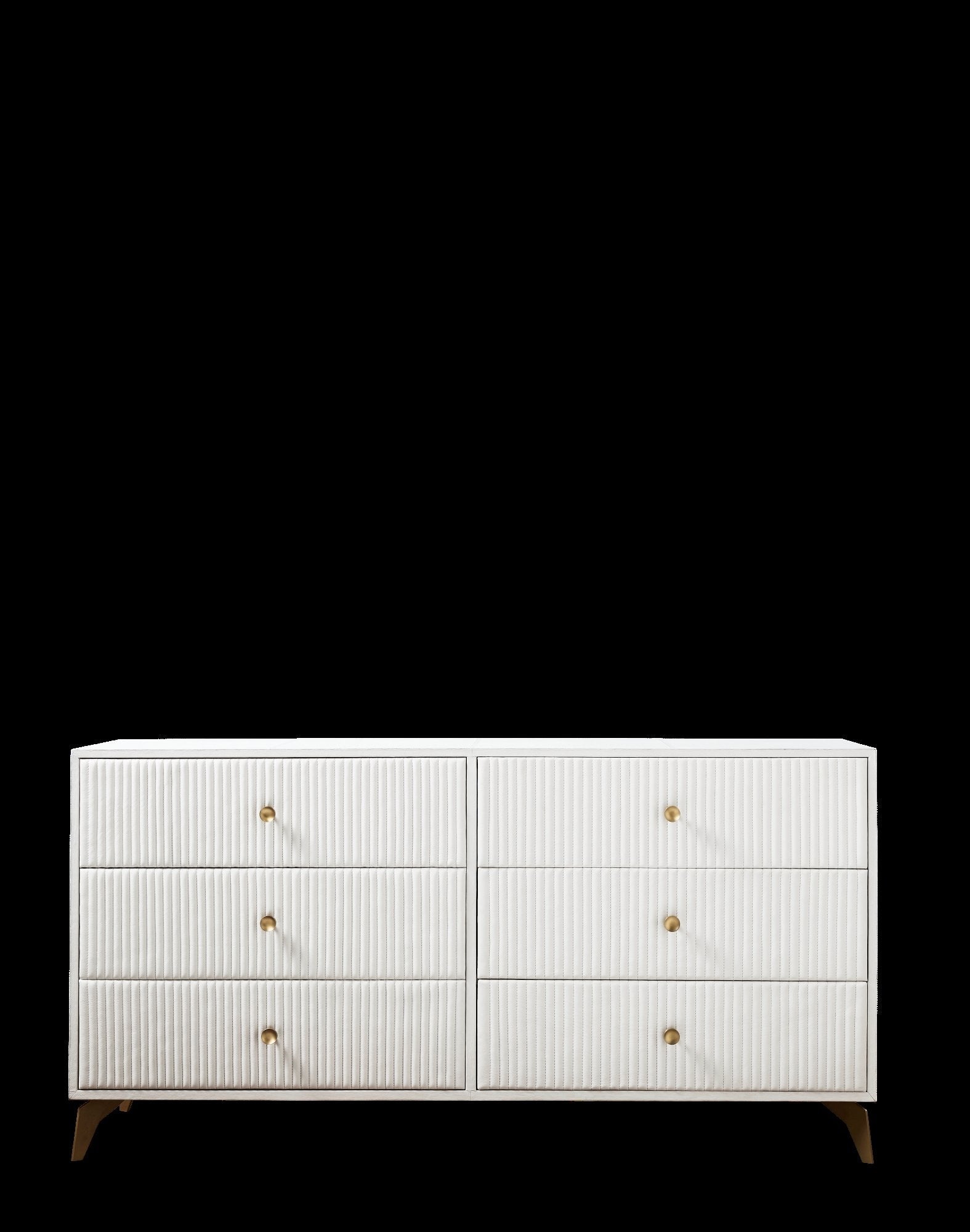 FN-5203-642033_7|White leather six-drawer dresser with ridged texture and gold pulls on a black background, luxury leather furniture.
