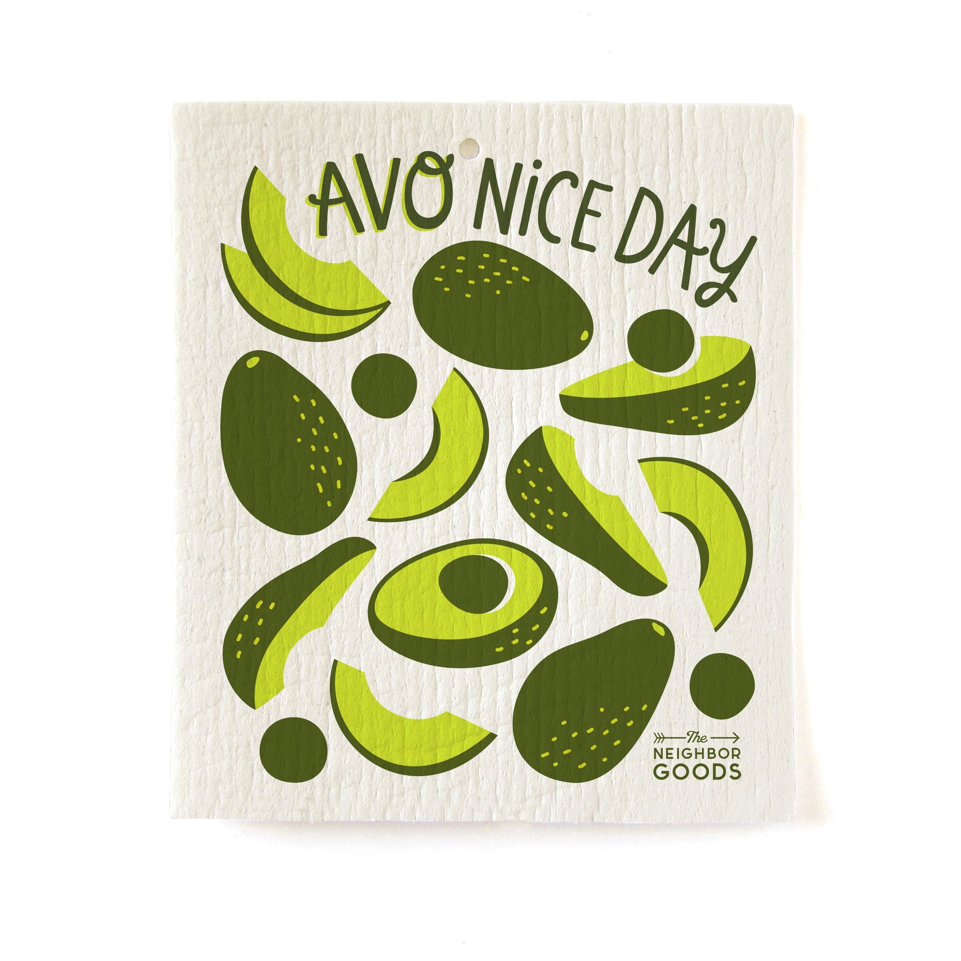 Matching dish towel and sponge cloth set with avocado design, featuring the phrase "Avo nice day"