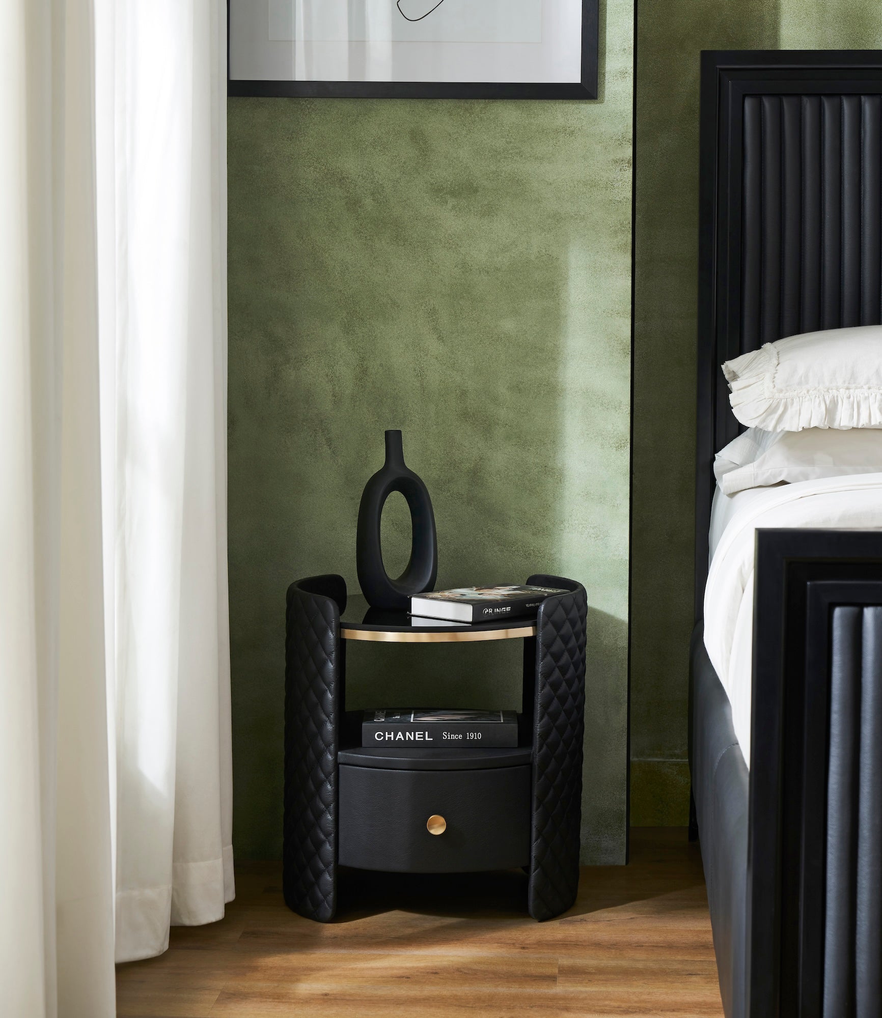 FN-5215-202022_5|Elegant black quilted leather nightstand with gold details, a sophisticated side table for a contemporary luxury bedroom.