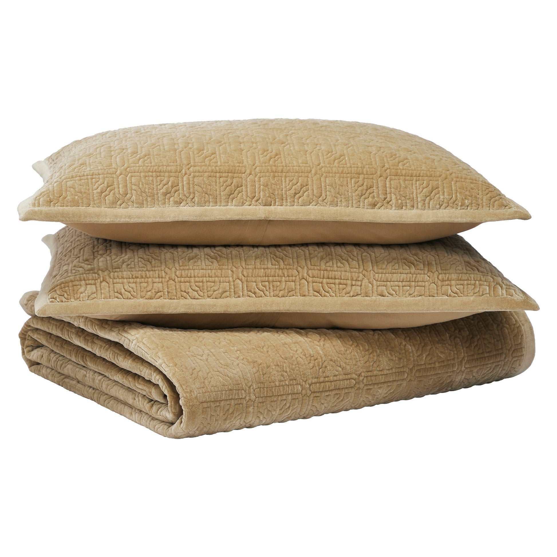 ES-377-2626_4|Luxurious beige velvet quilt and two matching quilted pillows with elegant geometric pattern for cozy bedroom decor.