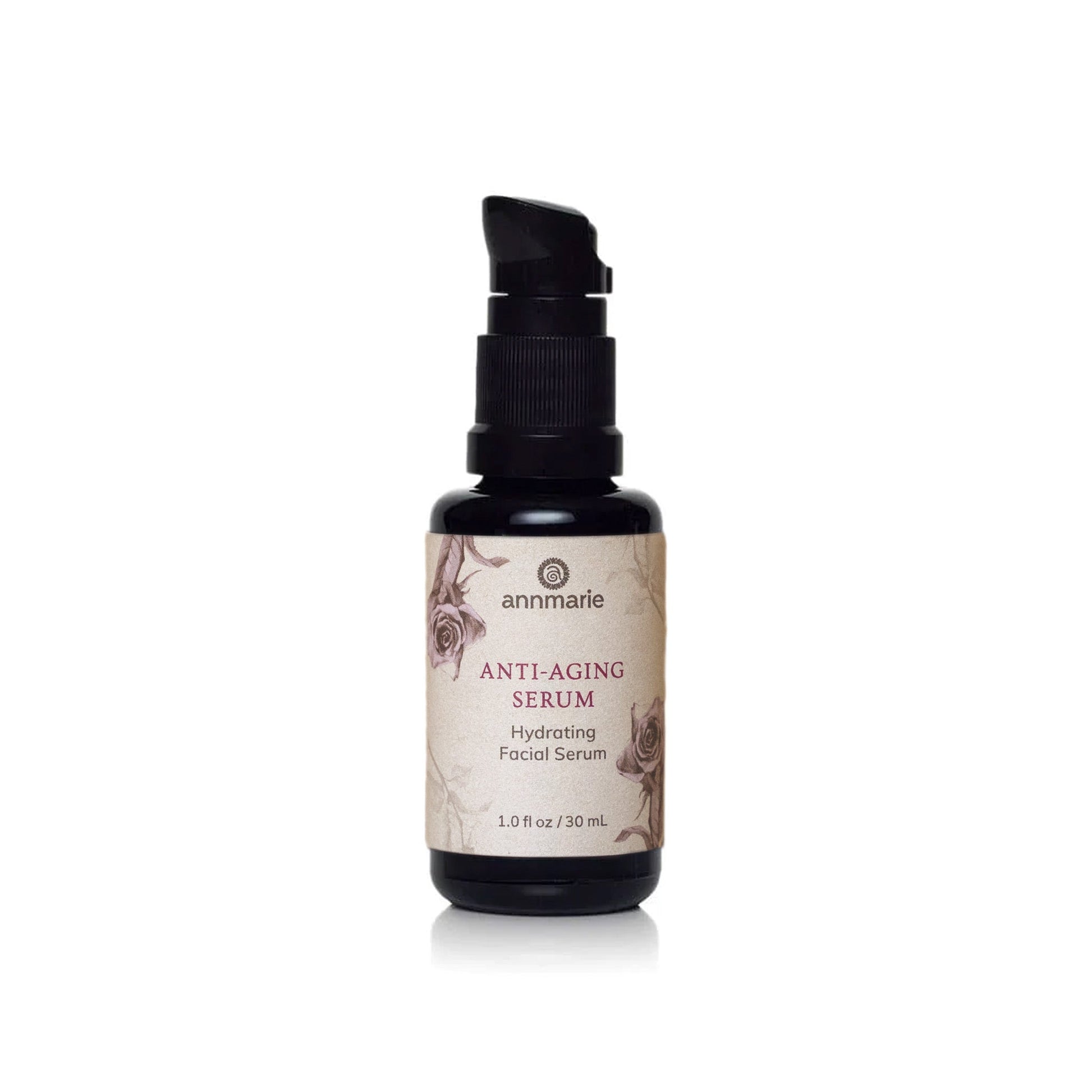 Anti-Aging Serum hydrating facial serum product bottle with pump dispenser, 30 ml skincare.

