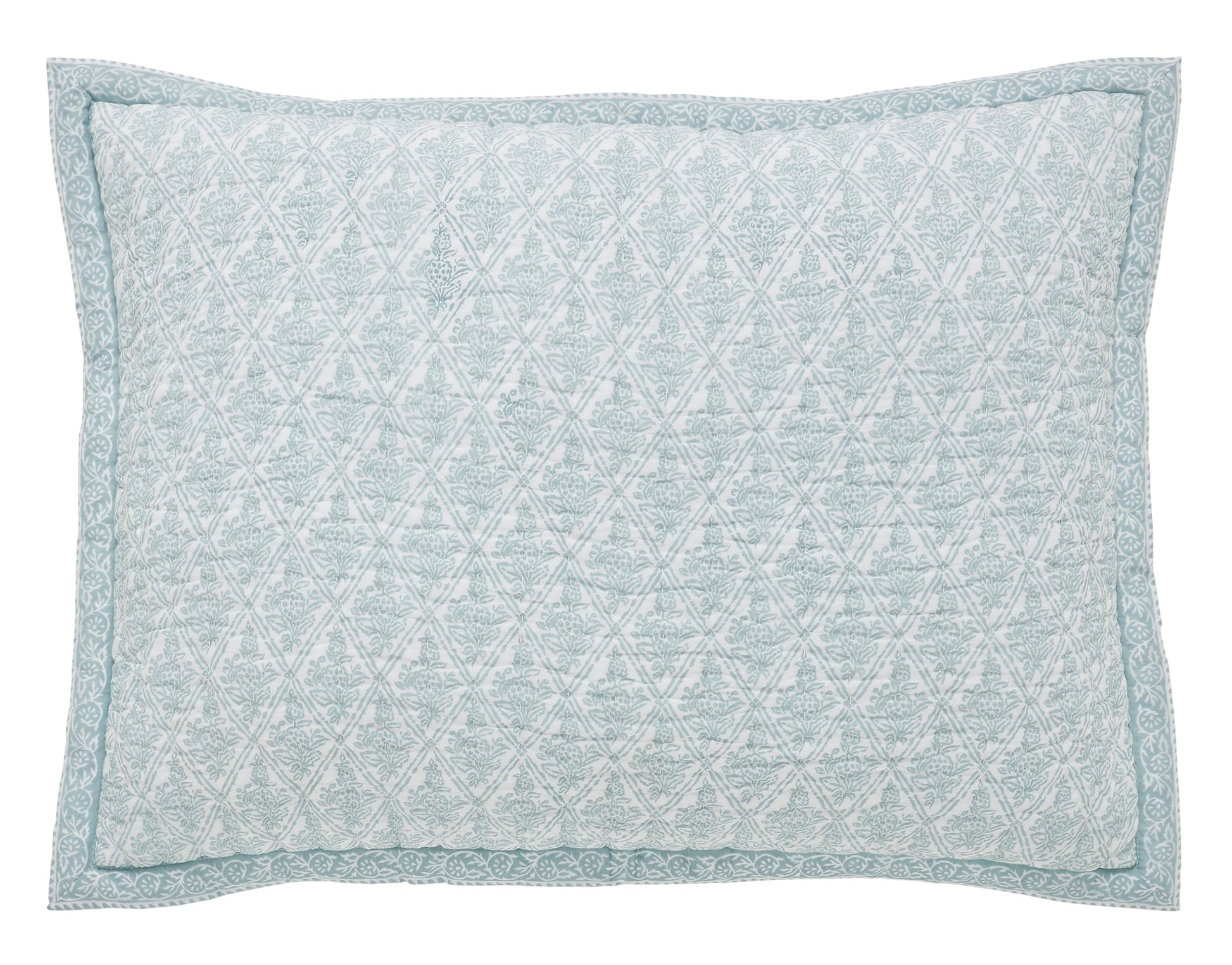 SS-347-2026_1|Quilted pillow sham with a fresh teal geometric floral pattern on white, bordered beautifully, adding serene elegance to any quilt.