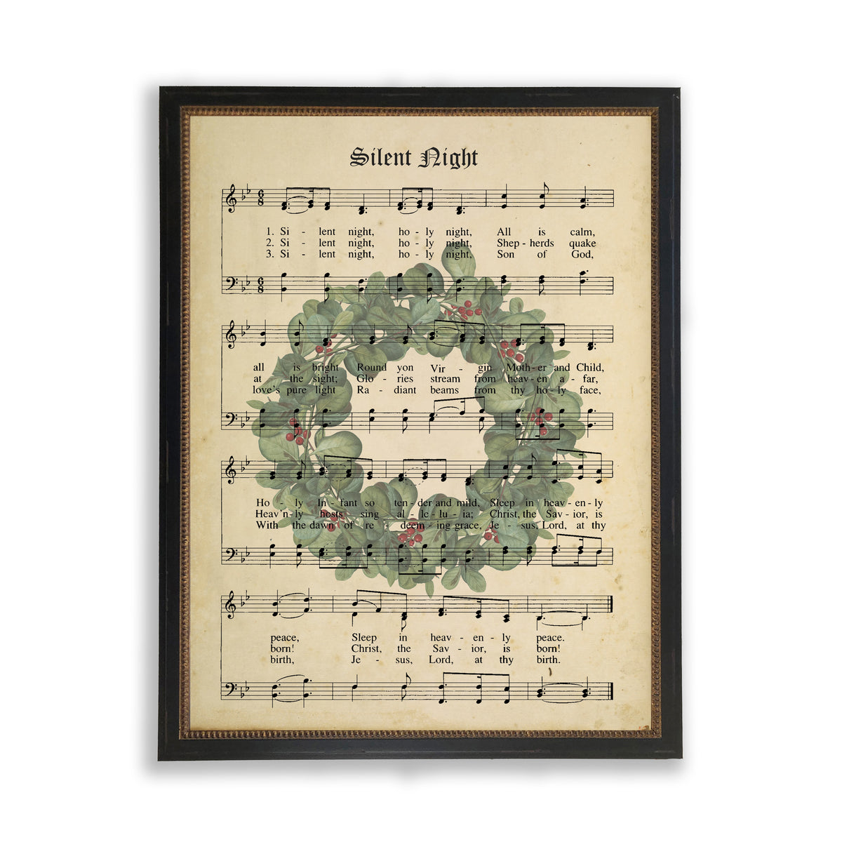 Silent Night Sheet Music With Wreath in Black and Gold Beaded Frame