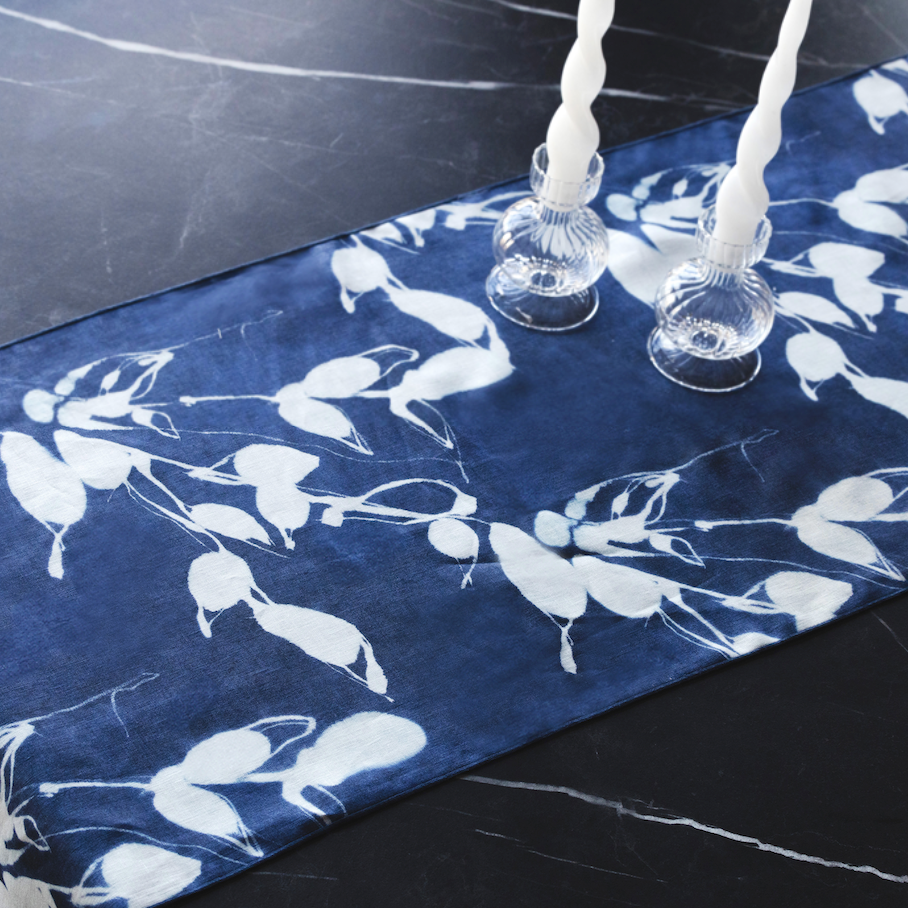 Porto Print Indigo linen table runner styled as dining table centerpiece - Goldie Home