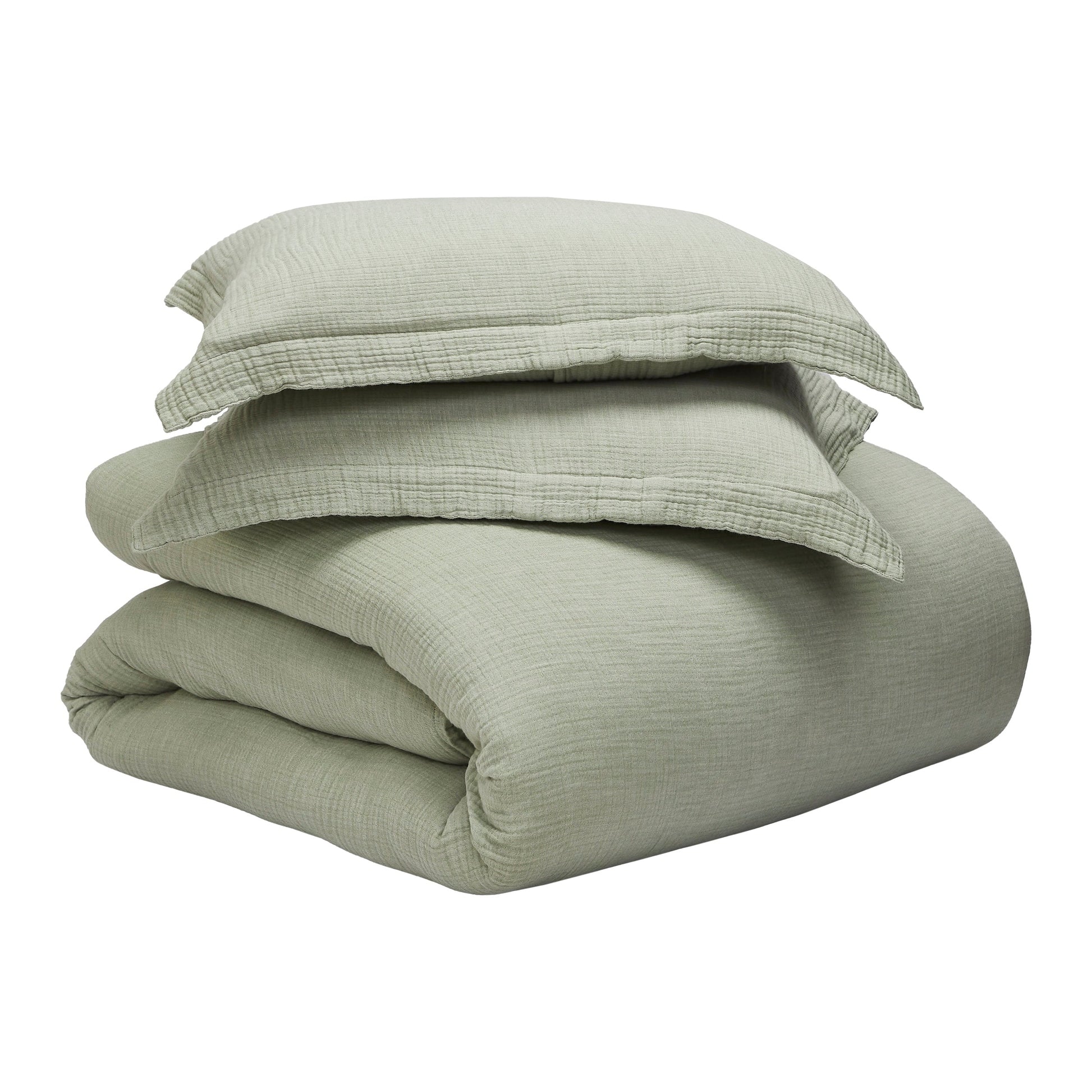 DT-051-10692_9|Light green textured muslin duvet cover and matching pillow shams, folded neatly. Soft, breathable bedding for a serene bedroom.