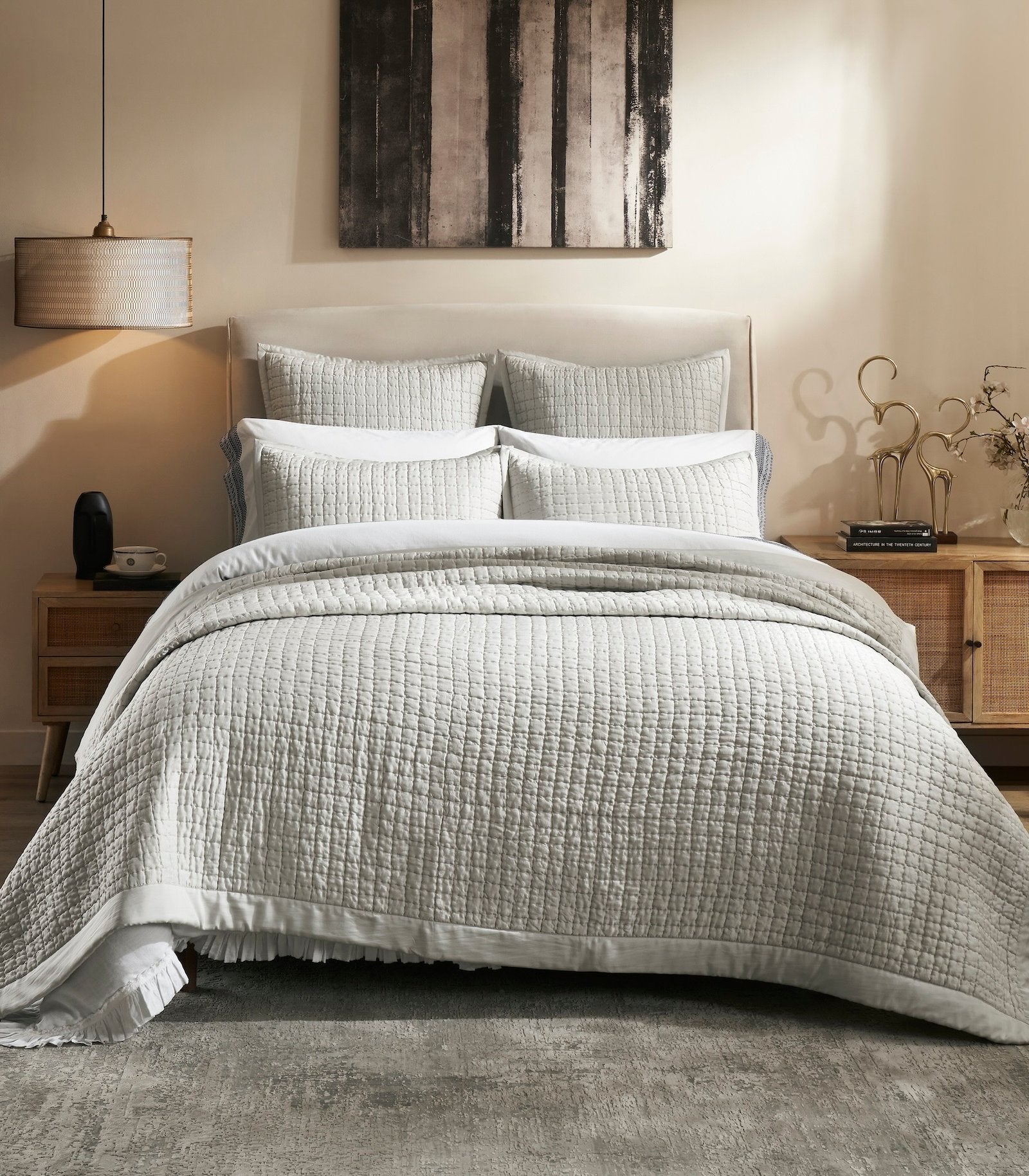 CL-198-11096_1|Light grey textured coverlet with a subtle grid pattern, creating a modern and cozy feel for any elegant bedroom decor.