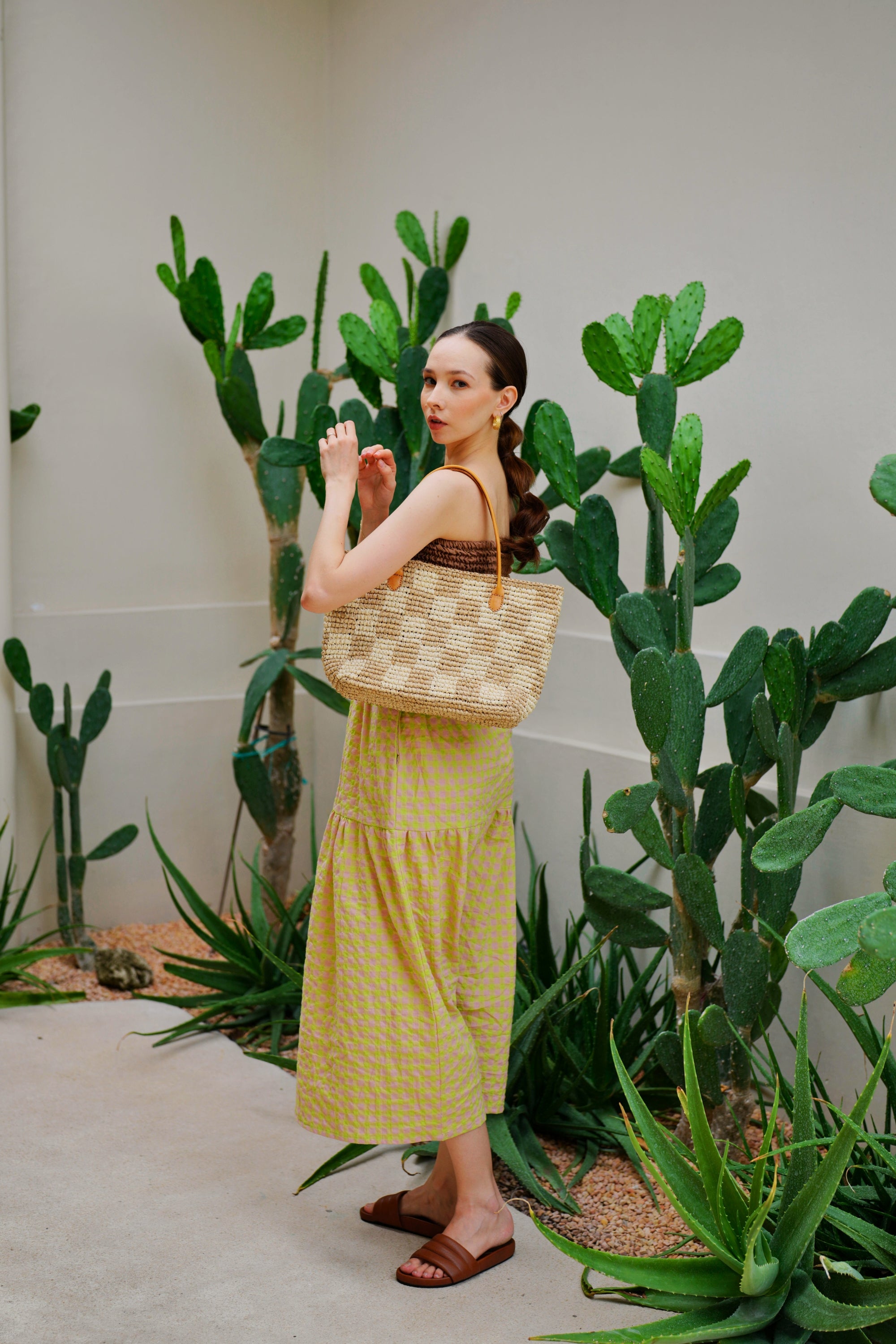 Lindsey Checker Raffia Tote