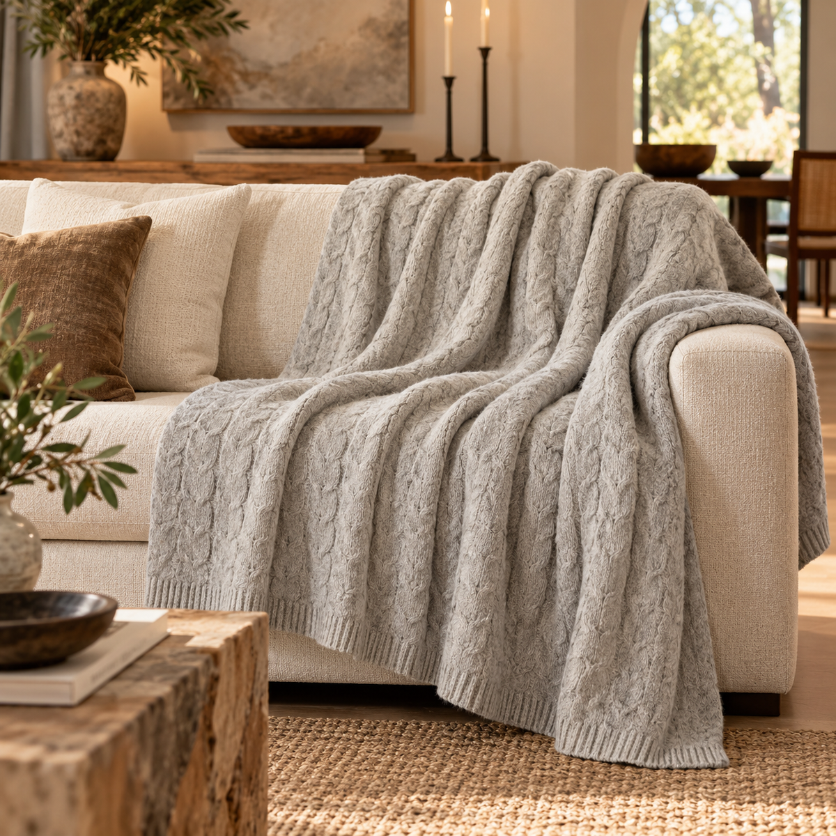 Silver Gray hand-finished undyed baby alpaca & Peruvian Pima cotton cable knit throw blanket, Muru Collection, made in Peru
