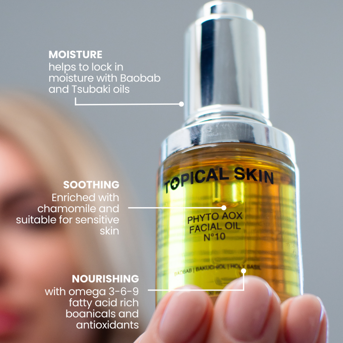 Phyto AOX Facial Oil N°10 by TOPICAL SKIN CLEAN DERMACEUTICALS facial oil in golden amber with Exposome Defense Technology