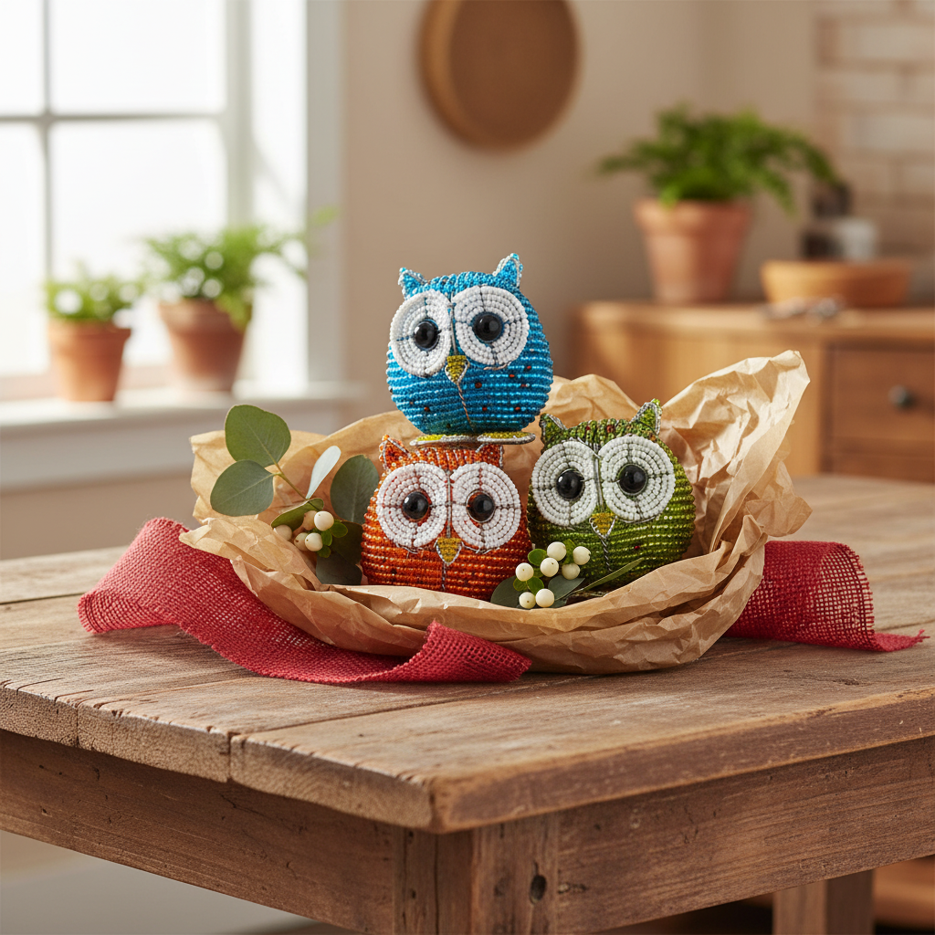 Colorful beaded baby owls set of 3 as gift display with kraft paper and ribbon – 10OWLBS1