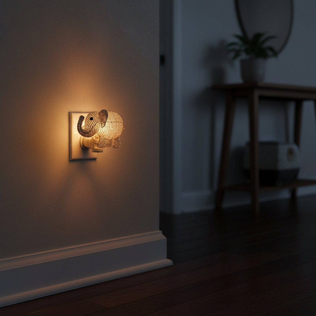 Beaded elephant night light plugged in hallway at night