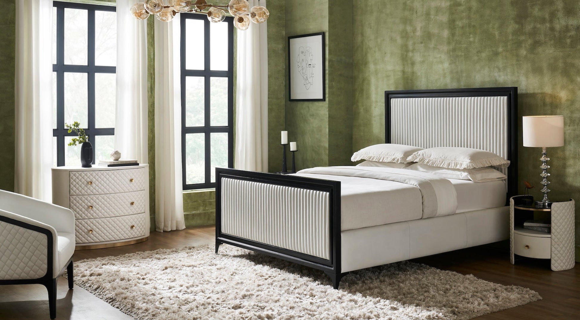 FN-5209-6080_3|Grand white leather upholstered bed with striking black wood frame and vertical panel headboard, creating a luxurious bedroom focal point.