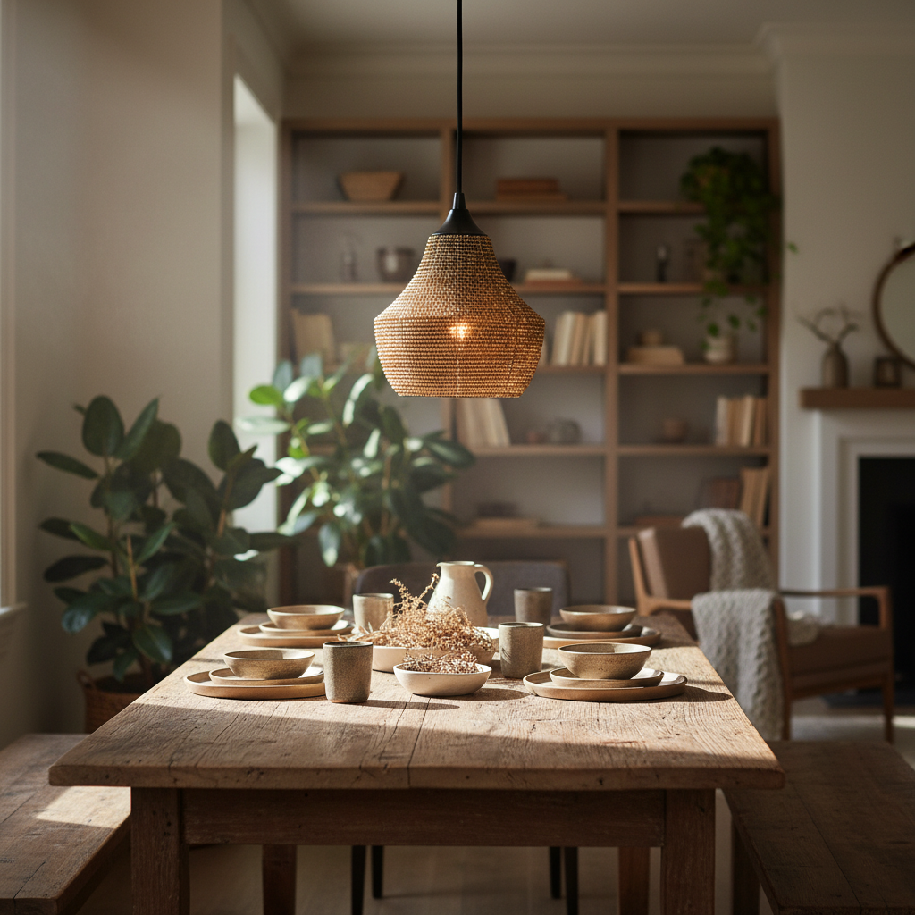 Draper Copper Pendant Light hanging over rustic dining table
