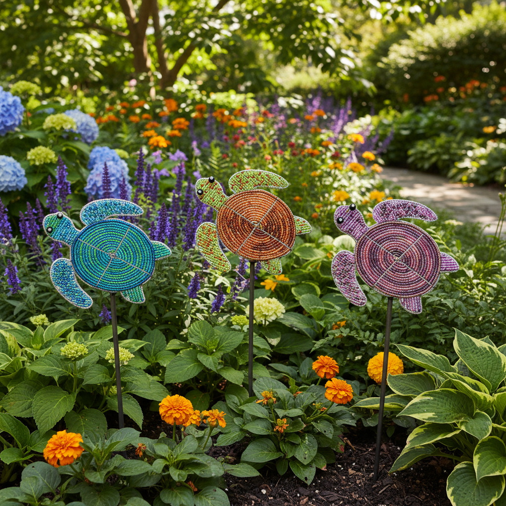 Sea Turtle Garden Stake Set of 3 displayed in a lush garden bed with flowers