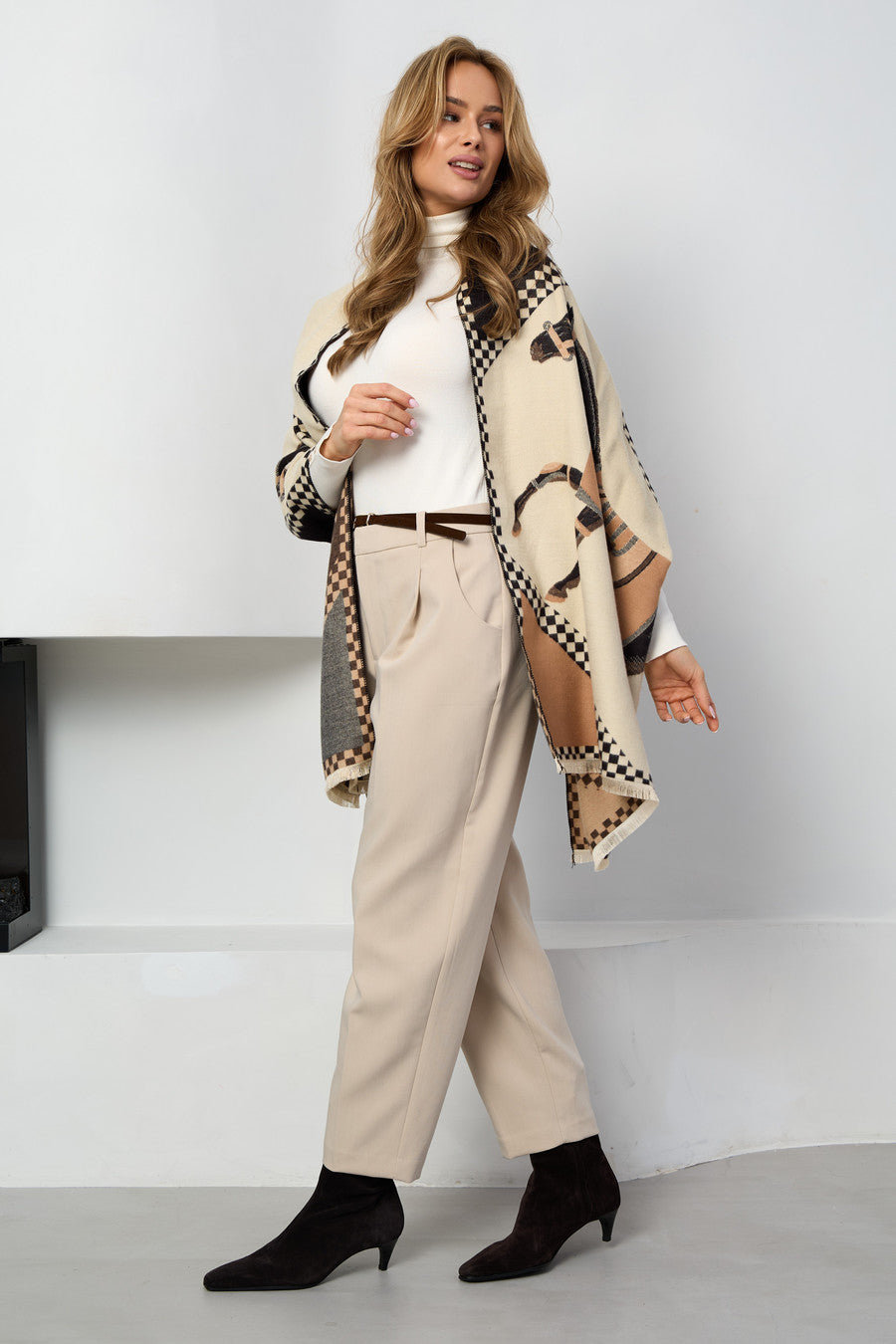 Checkered Equestrian Reversible Scarf - Brown