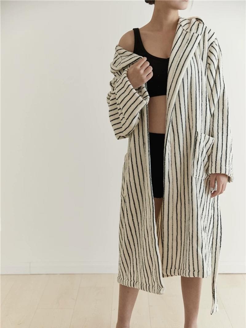 Retro 100% ORGANIC Long - stapled Cotton Hooded Stripe Bath Robe - Retro Striped Bath Robe - INSPECIAL HOME