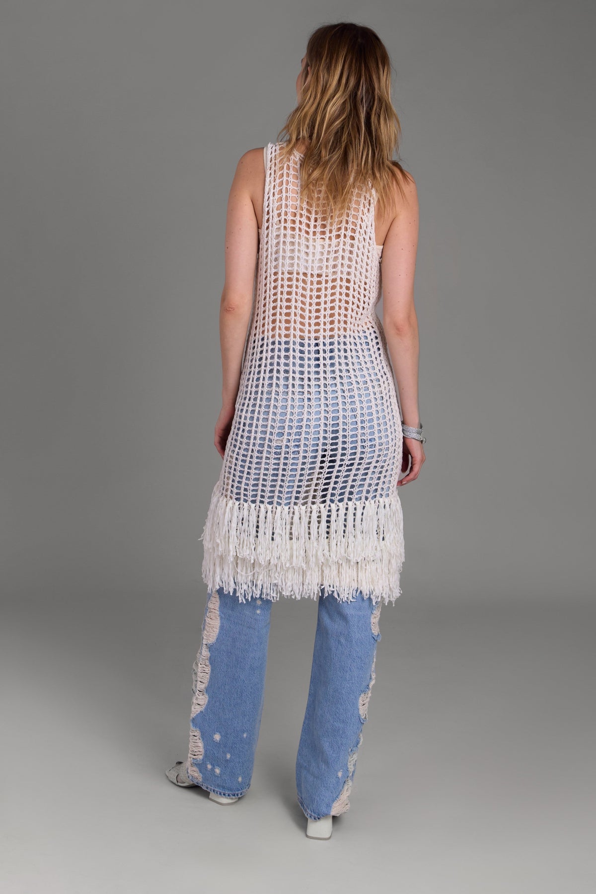 Open Knit Fringe Cover Up Beige