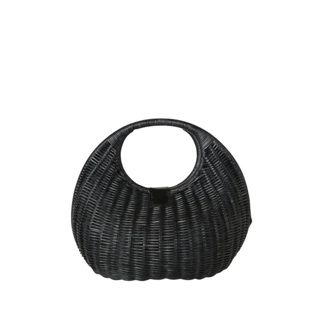 Shop Sarah Stewart Matilda black wicker handbag with leather detail and cotton lining. Modern, relaxed luxury.