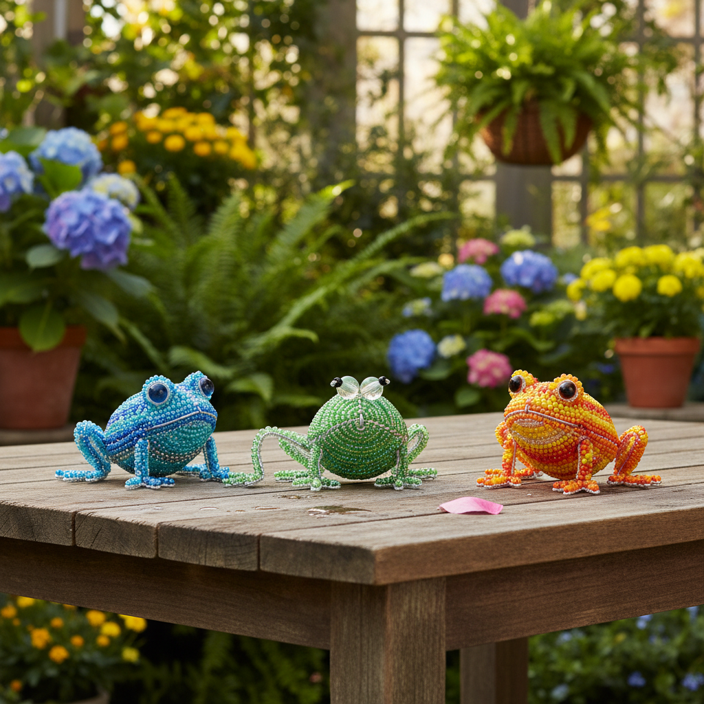 Colorful beaded frog figurines displayed on a garden patio table with plants