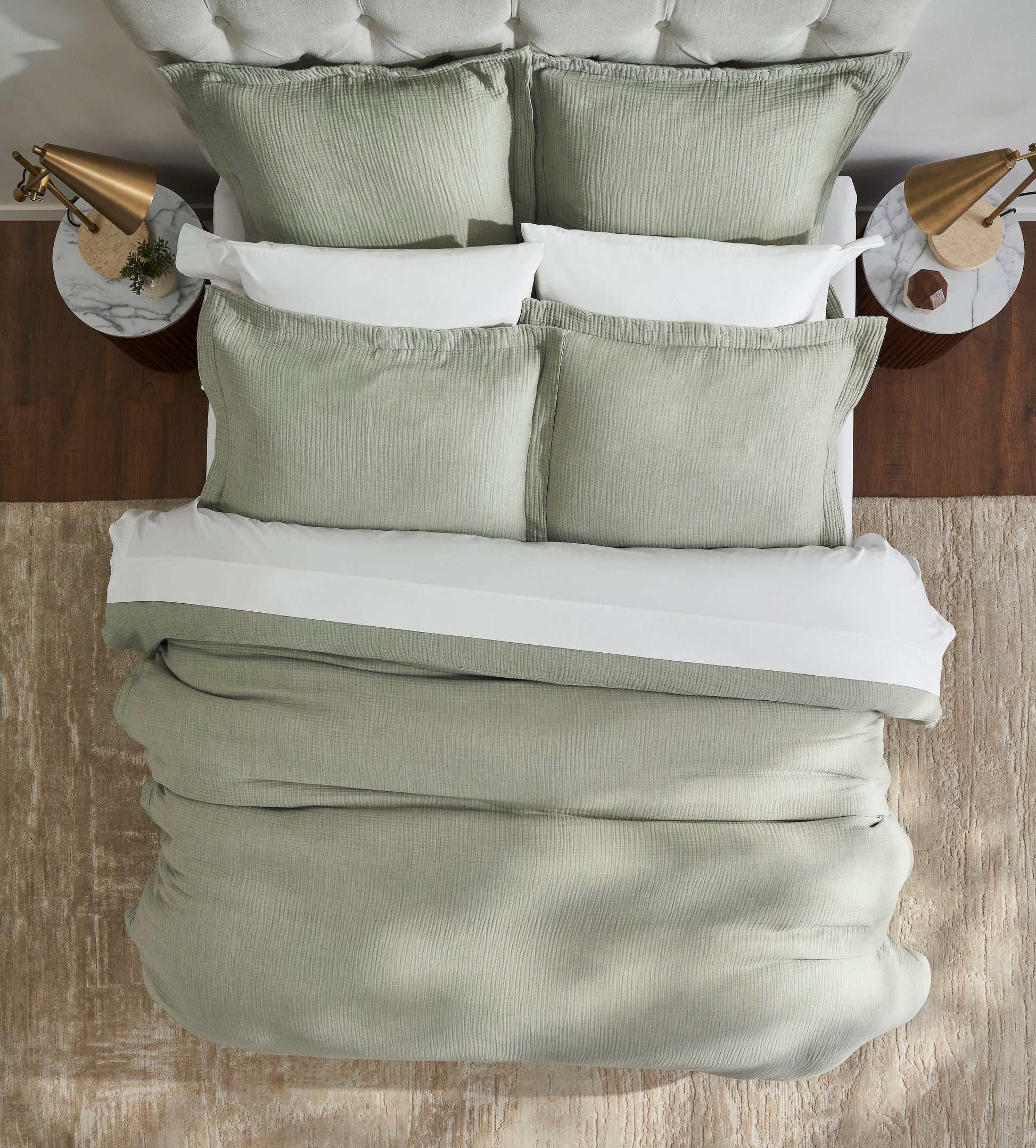 DT-051-10692_5|Overhead view of a serene light green textured gauze duvet cover on a cozy bed, perfect for a modern, breathable bedding experience.