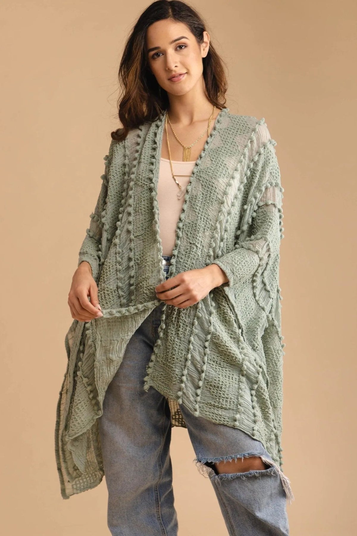 Bohemian Textured Kimono - Medium Aquamarine