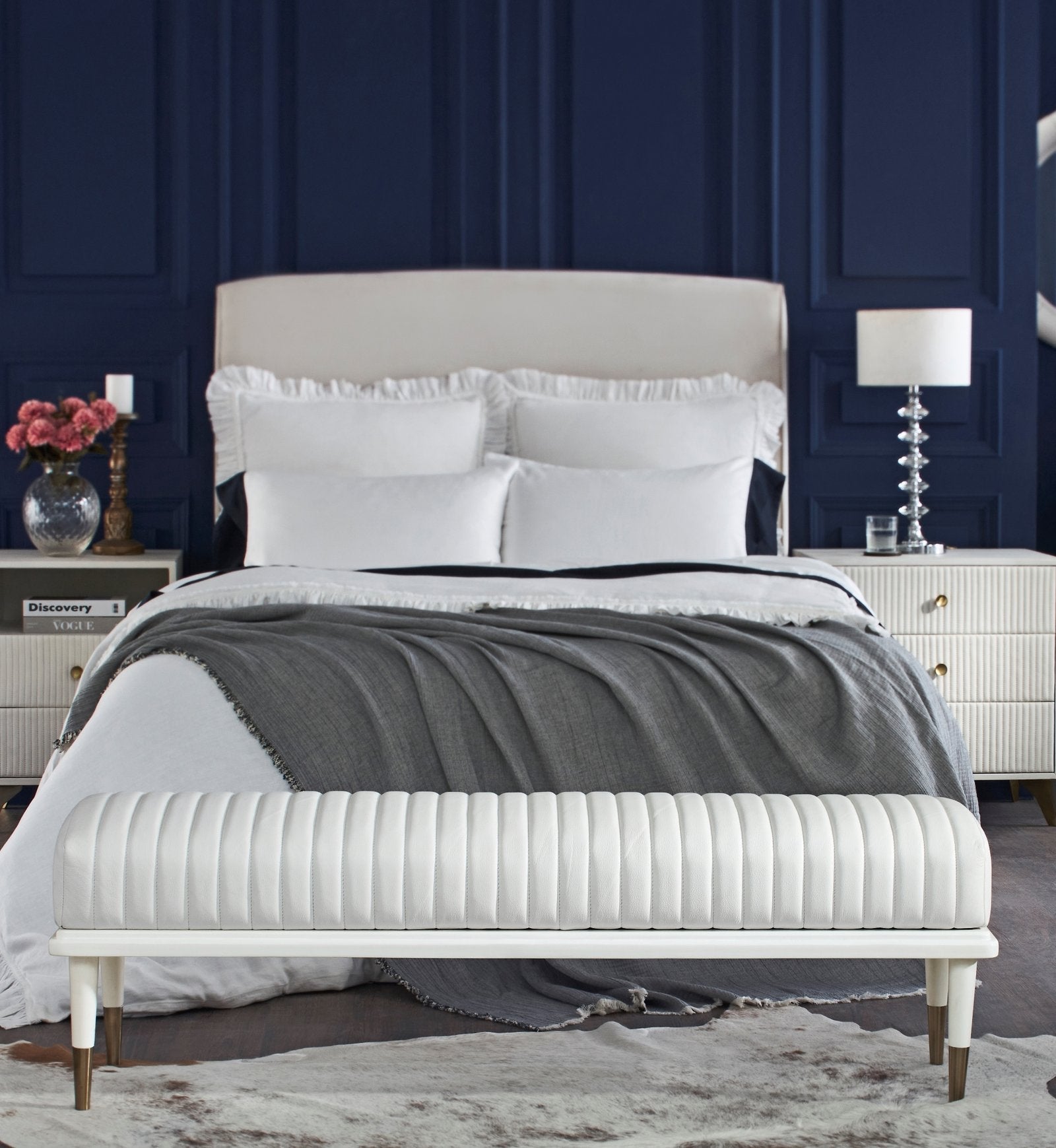 FN-5203-601618_2|Luxurious white ribbed leather bench, stylish upholstered design for end-of-bed seating or modern living room.