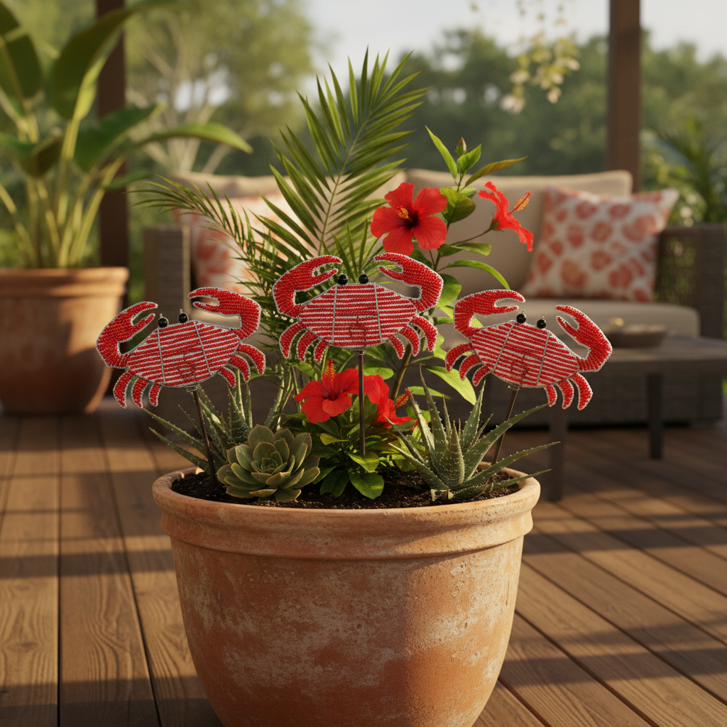 Handmade beaded crab garden stakes in a terracotta pot on a sunny patio – 12CRBST1