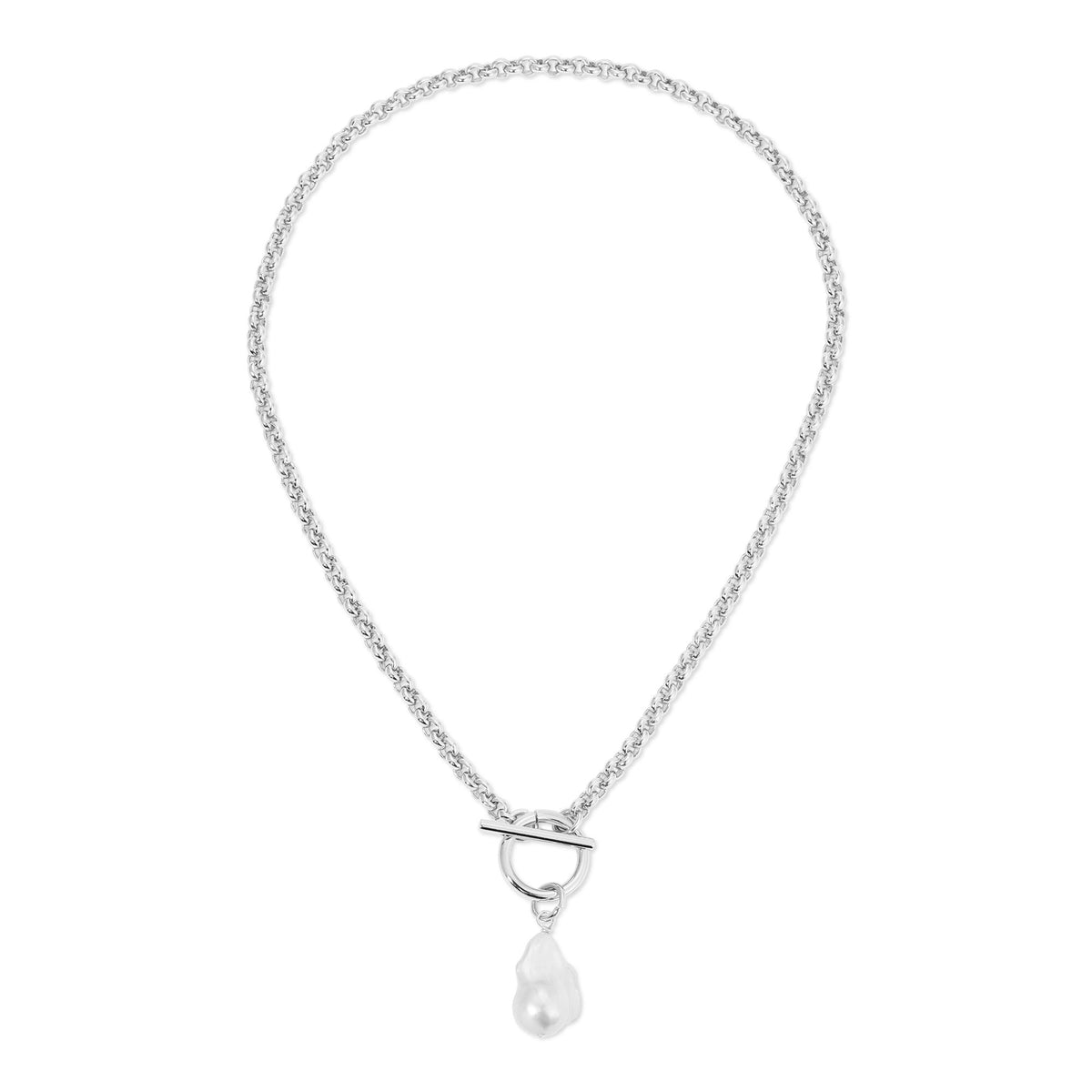 Silver chain necklace with baroque pearl pendant from Micro Royal Toggle & XL Baroque Pearl Pendant Necklace