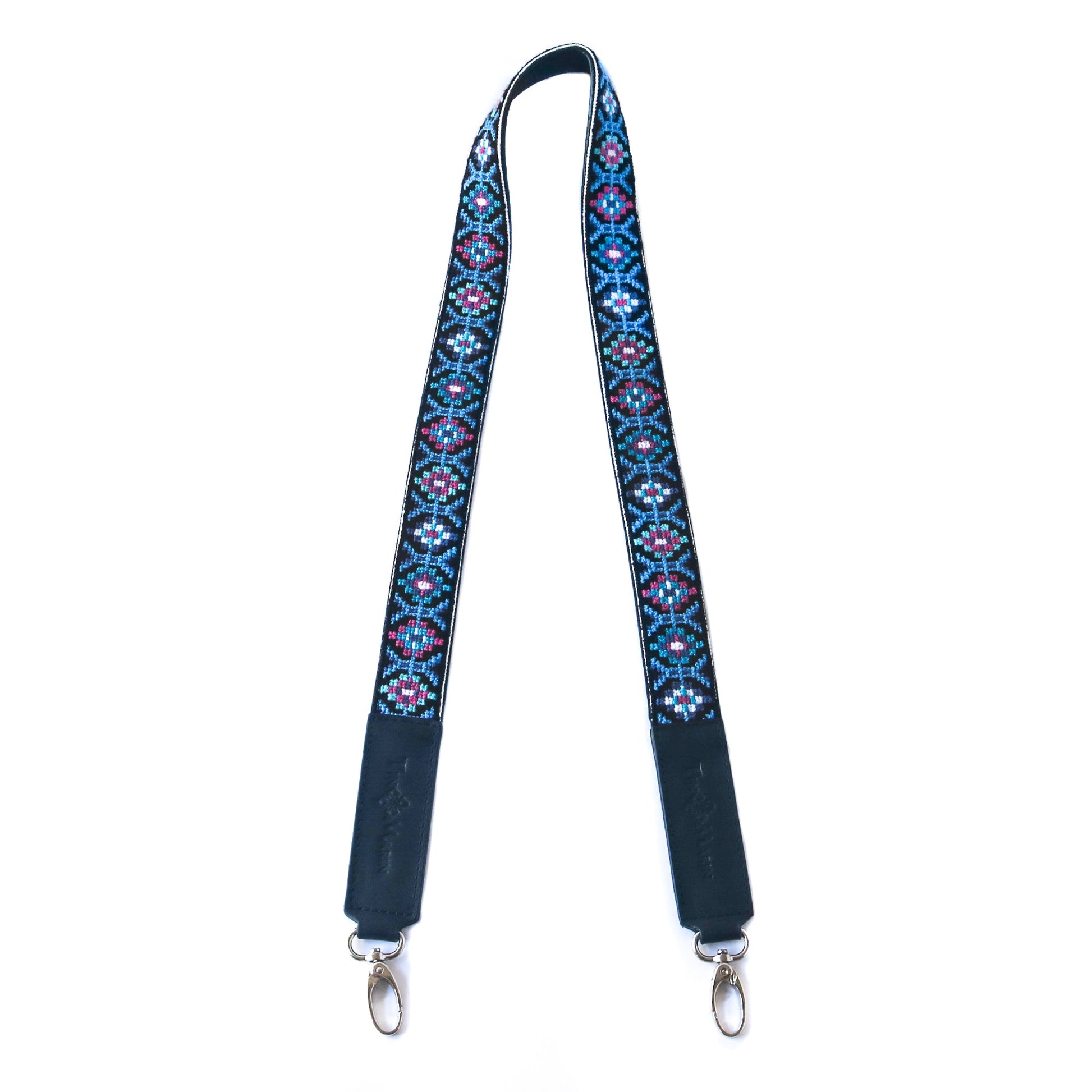 Mai Woven Bag Strap - Blue, pink, and turquoise with black leather crossbody woven hand embroidered cross stitch bag strap - Tin Marin Brand - Crossbody strap bag for women - handwoven bags and straps made by artisan communities