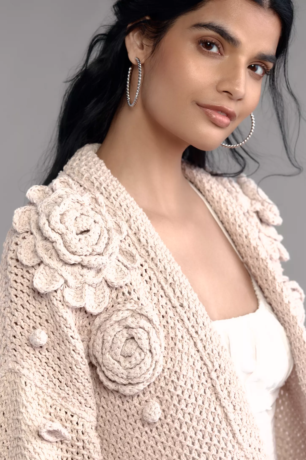 3D Floral Cardigan Sweater - Cream