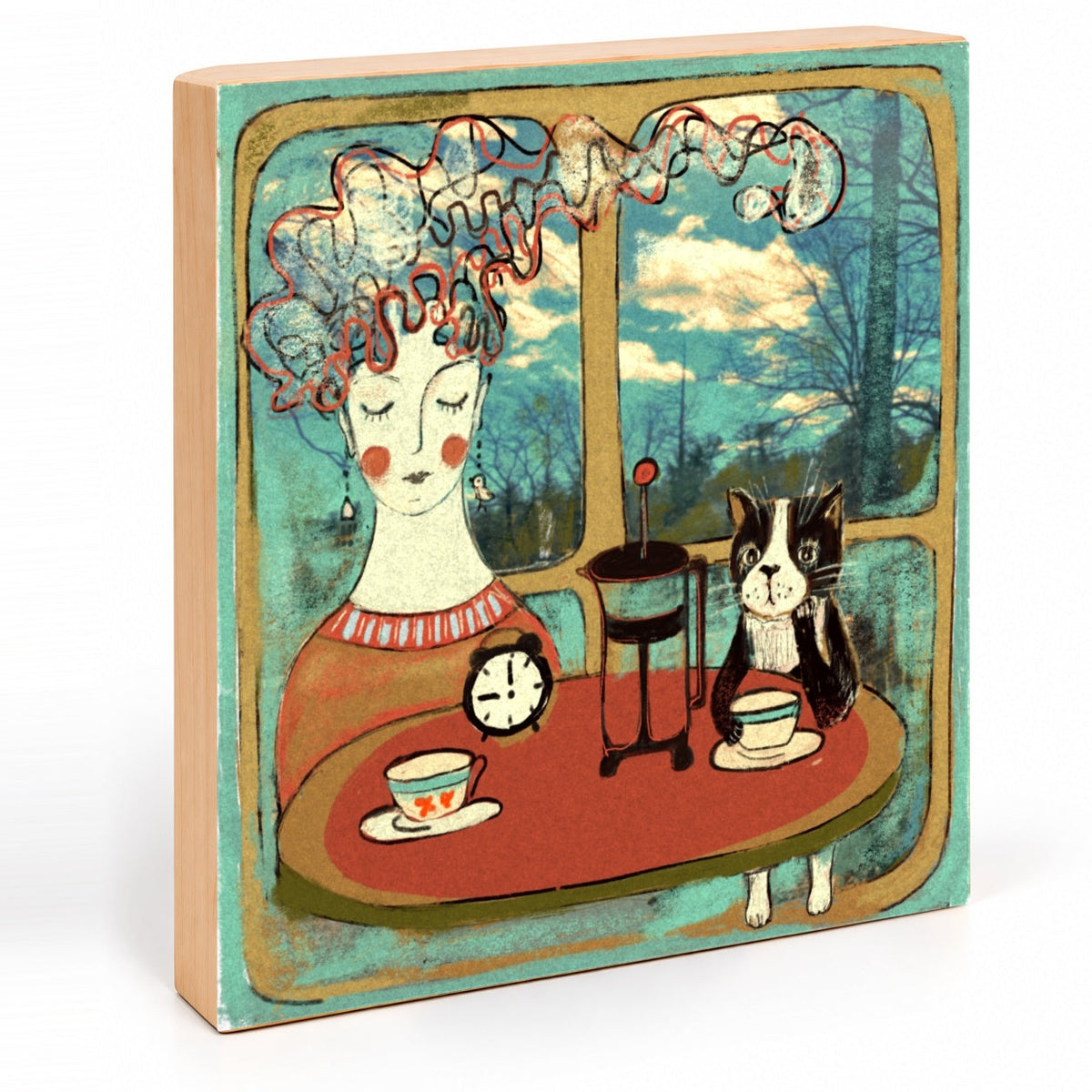 Coffee with Cat day scene art print, angled view showing the 7/8-inch deep gesso board and natural wood side