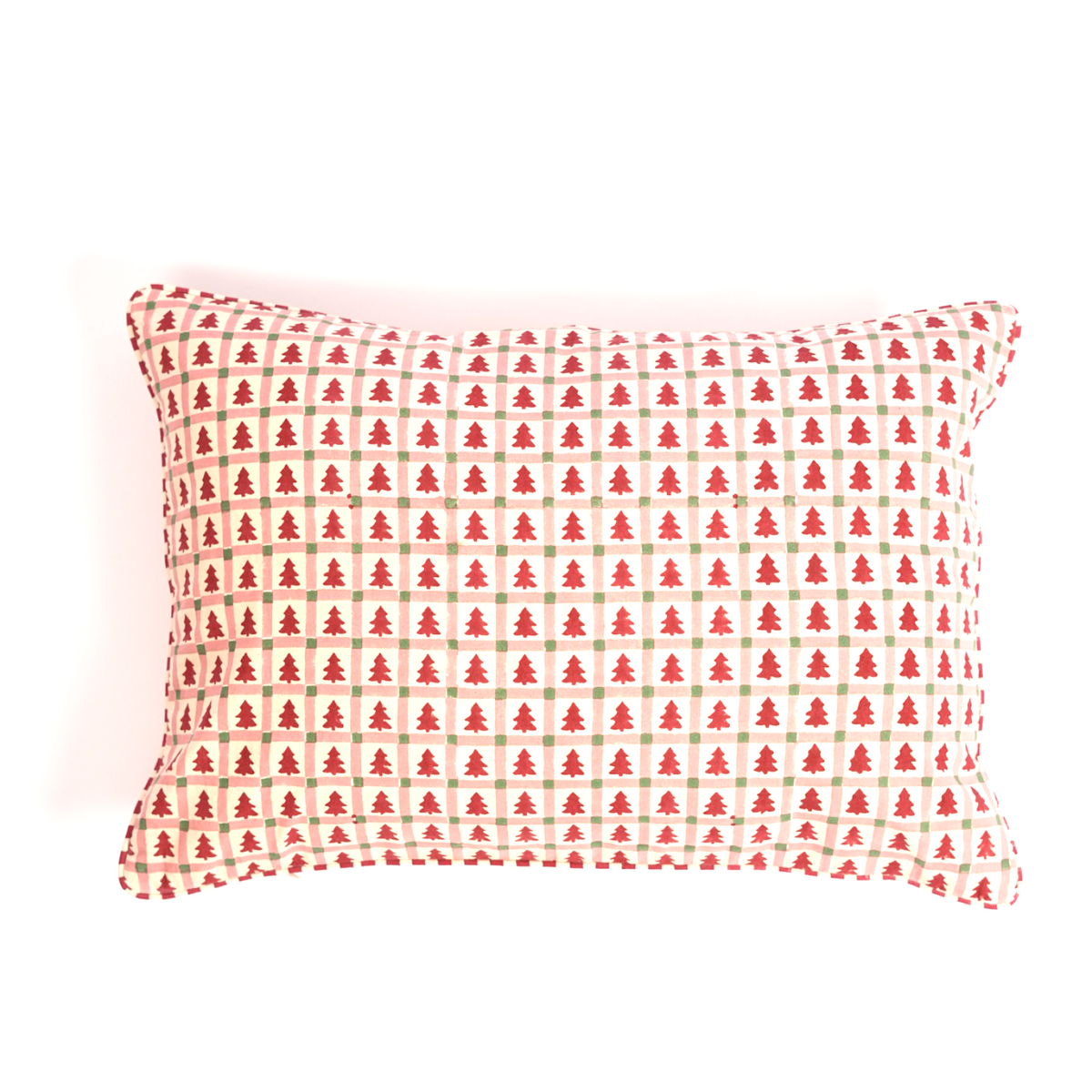 Merry Conifers -  Hand Block-Printed Lumbar Ruffle Pillowcase (Red)