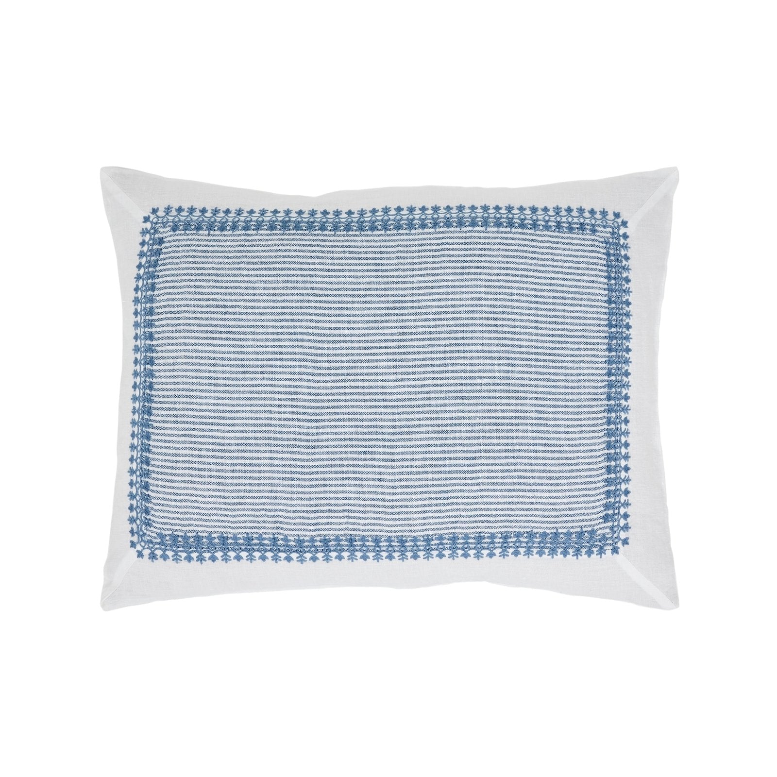 SS-030-2026_1|White and blue embroidered striped duvet cover sham, detailed border design for a coastal or classic bedroom style.