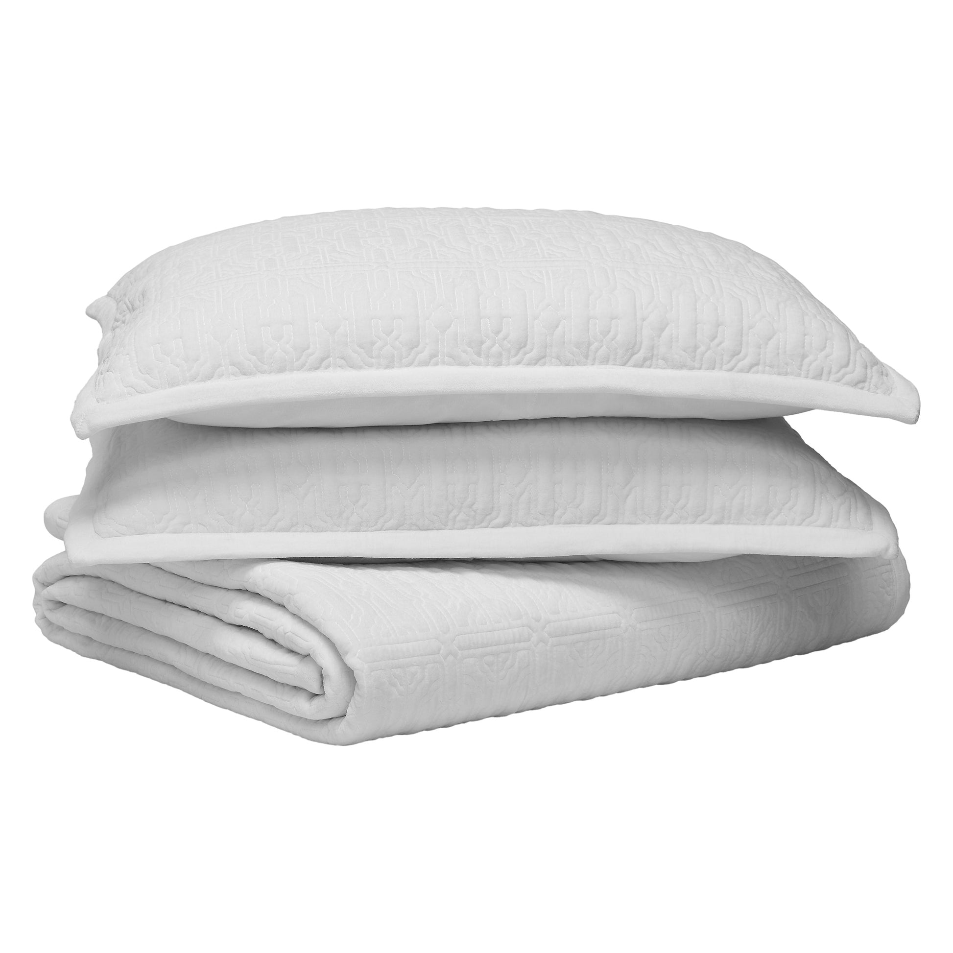 DE-376-3137_4|Stack of two white quilted shams and a folded white quilt with intricate geometric patterns for elegant bedding.