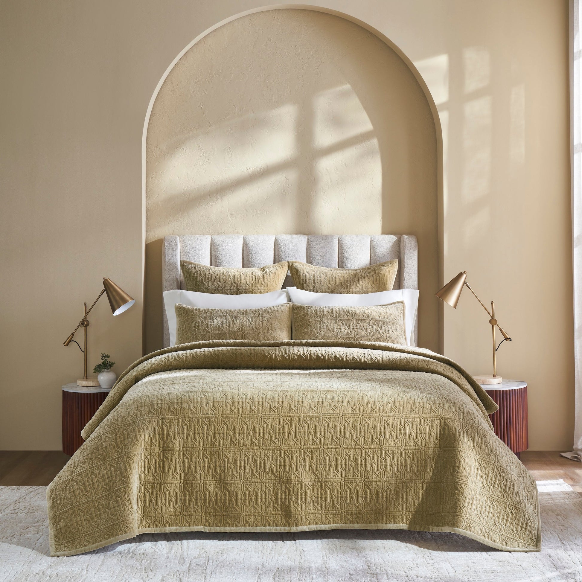 QT-377-11096_1|Stylish gold patterned quilt adorning a queen bed, offering cozy warmth and an elegant, textured bedroom aesthetic.