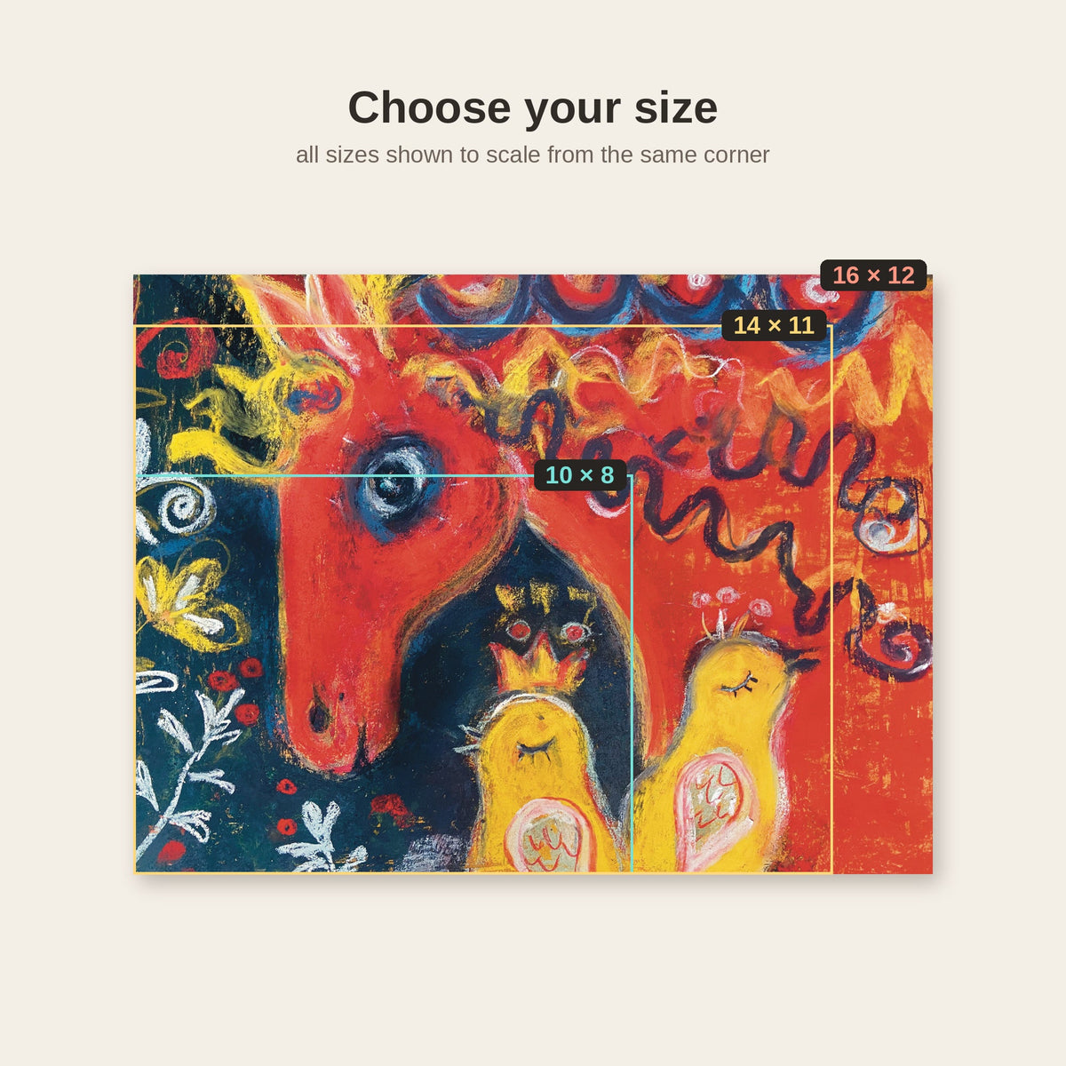 Horse and birds folk art print, choose your size overlay