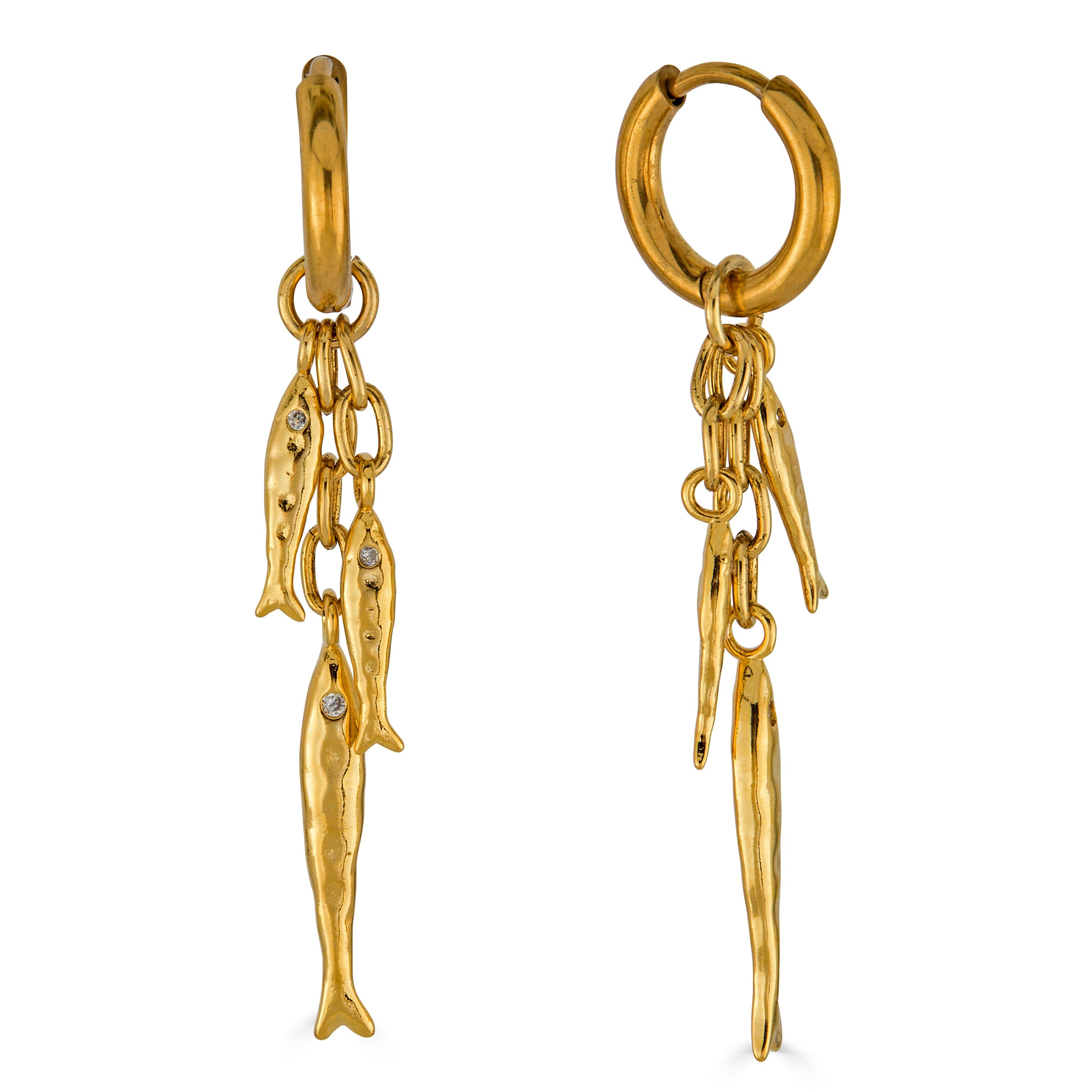 Gold huggie hoop earrings with dangling fish charms and small crystal accents in varying lengths.