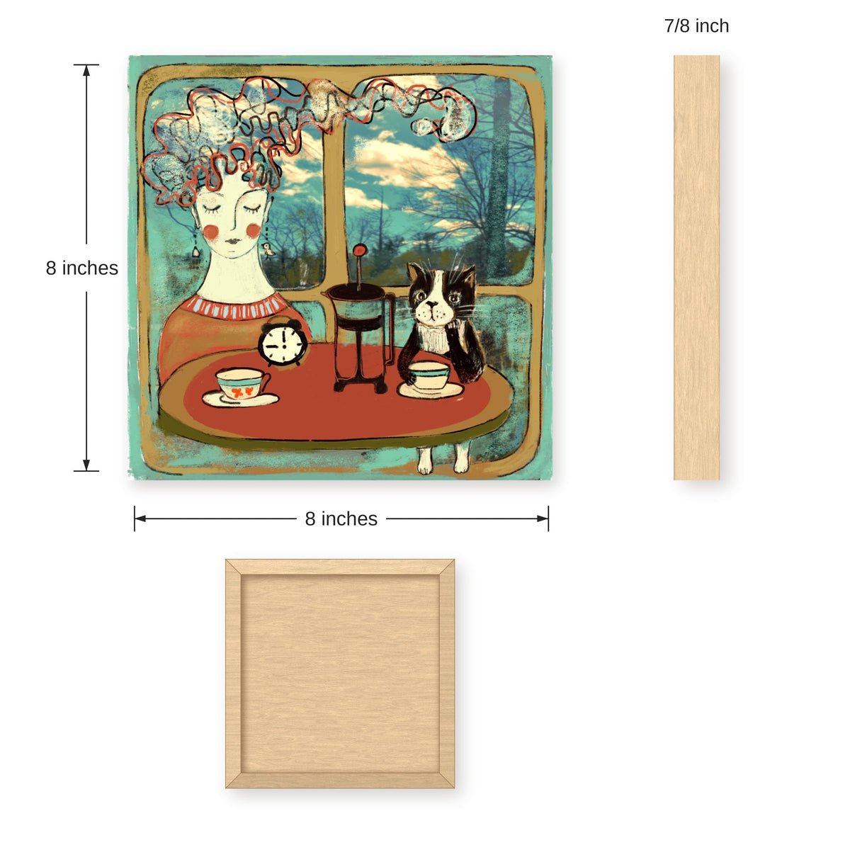 Coffee with Cat day scene art print, 8x8 size guide with front, back and side dimensions