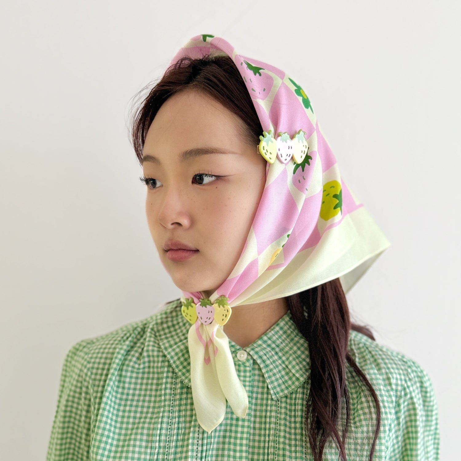 Summer Strawberries and Checkers cotton silk blend bandana for an easy and breezy look 