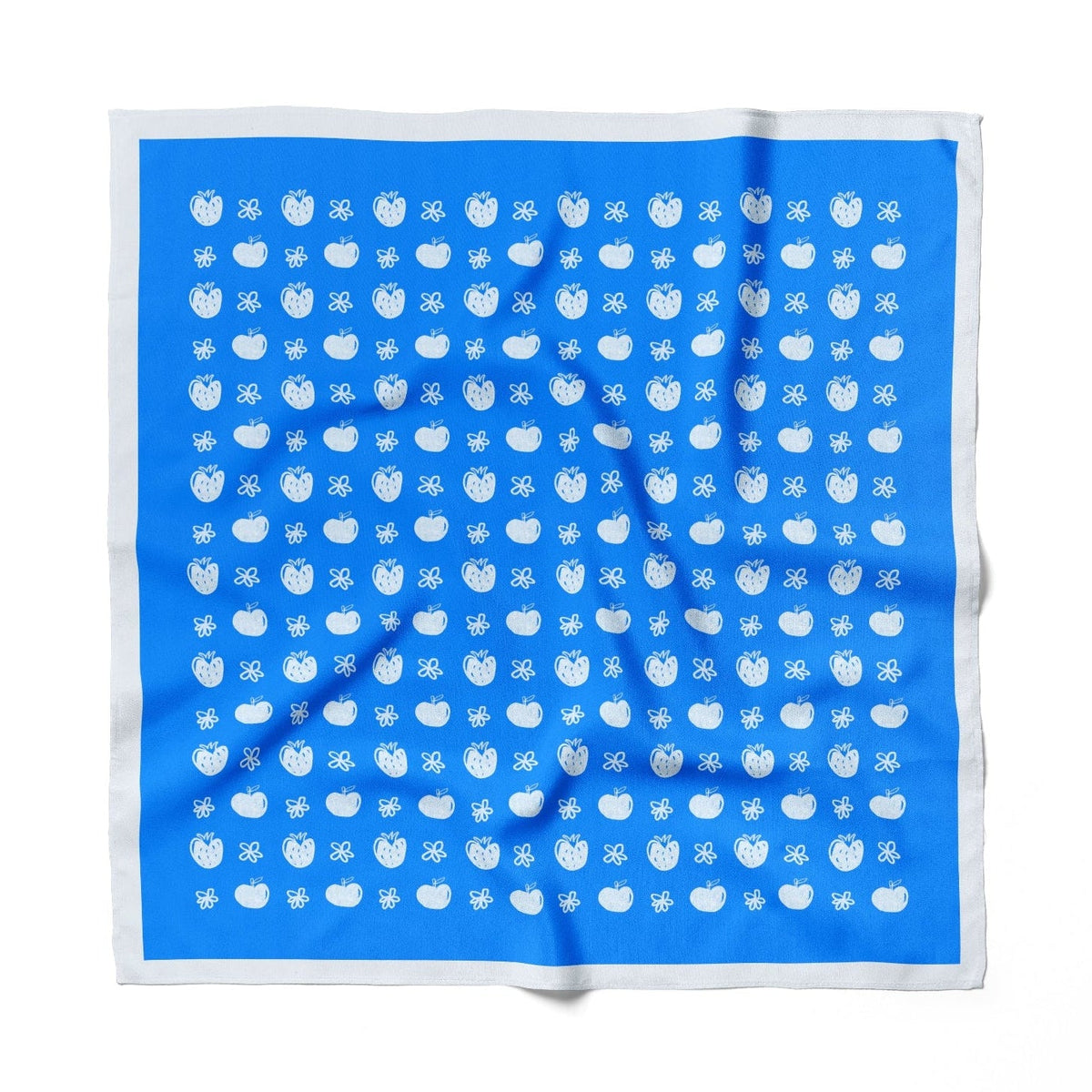 Blue square scarf with white apples and strawberries pattern on a white background