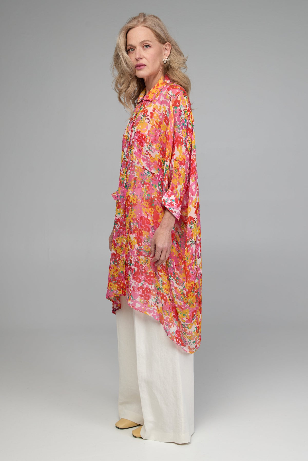 Oversized Colorful Floral Shirt Long - Hot Pink
