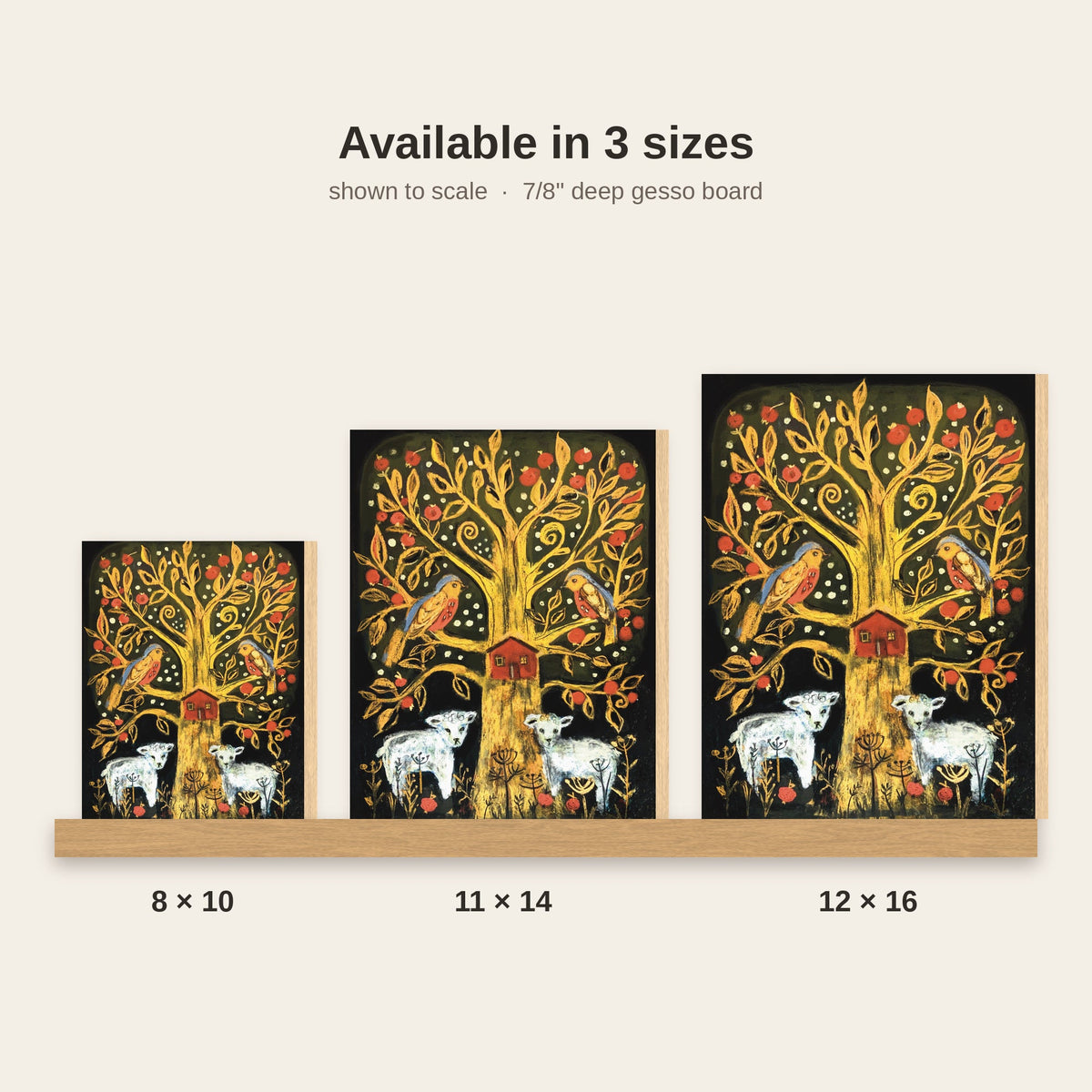 Vermont Tree of Life apple tree and lambs art print, shown in three sizes side by side to scale