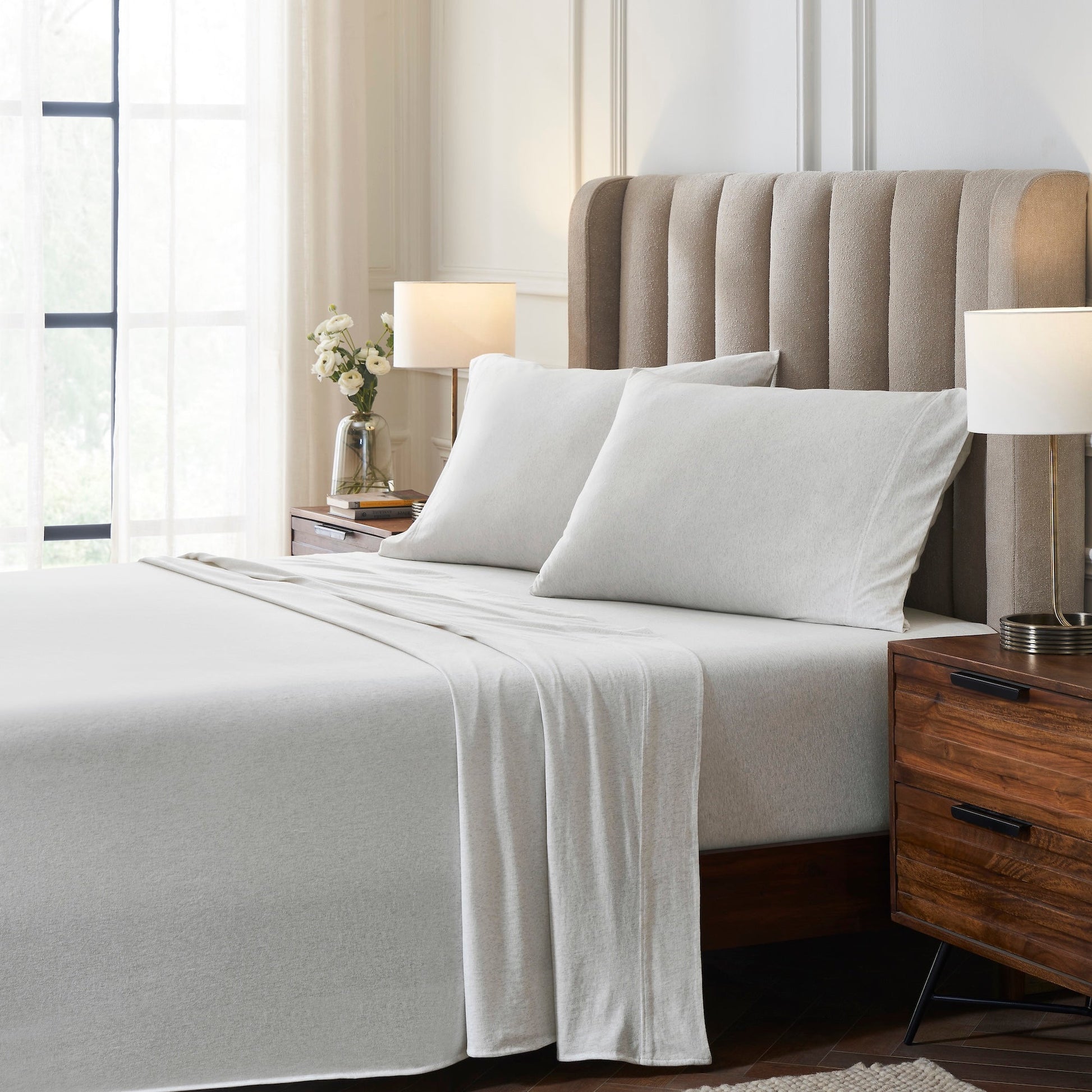 KSS-525-7880_3|Soft, cozy heather grey 100% cotton jersey sheets, perfect for a relaxed feel, offering breathable and comfortable sleep.