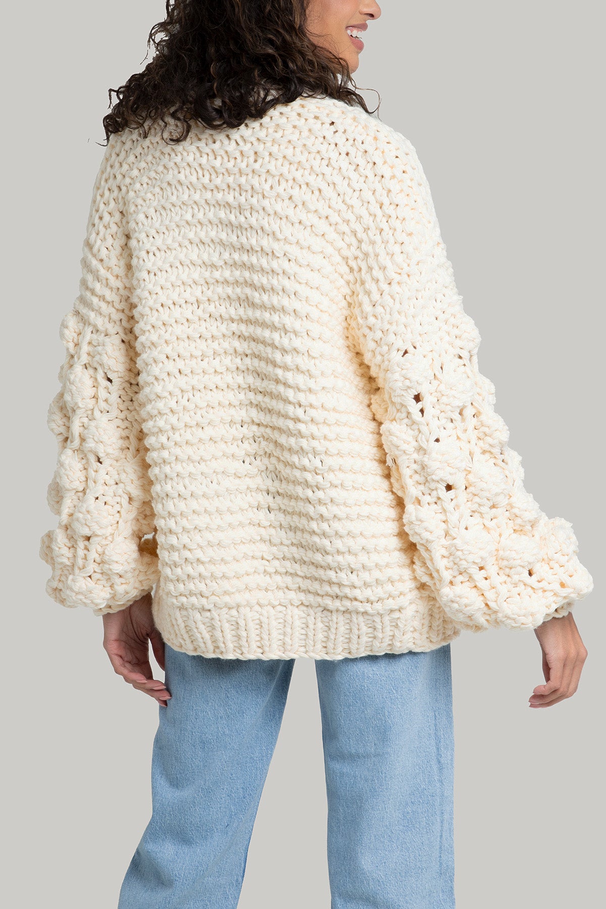 Knit Cardigan With Bauble Sleeves - Ivory