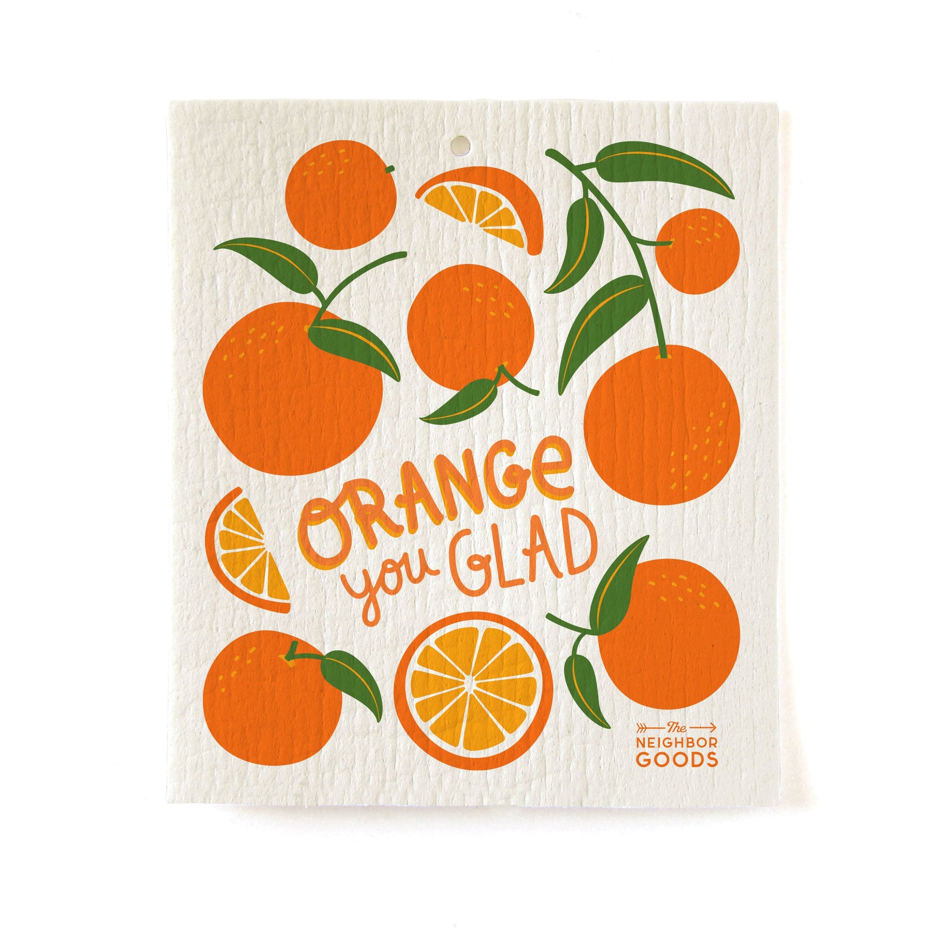 Back of matching dish towel and sponge cloth set with oranges design, featuring the phrase "Orange you glad"