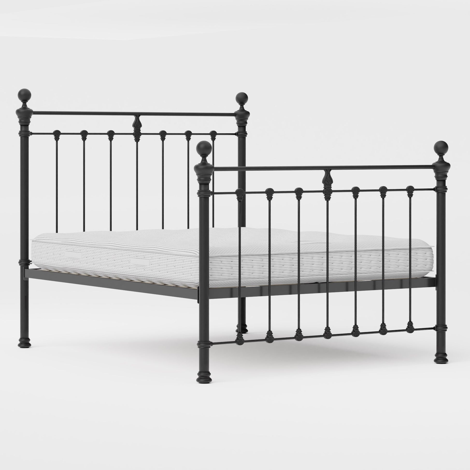 MB-204-6080_3|Durable black metal bed frame with elegant finials and sturdy rails, including a comfortable, striped mattress ready for use.