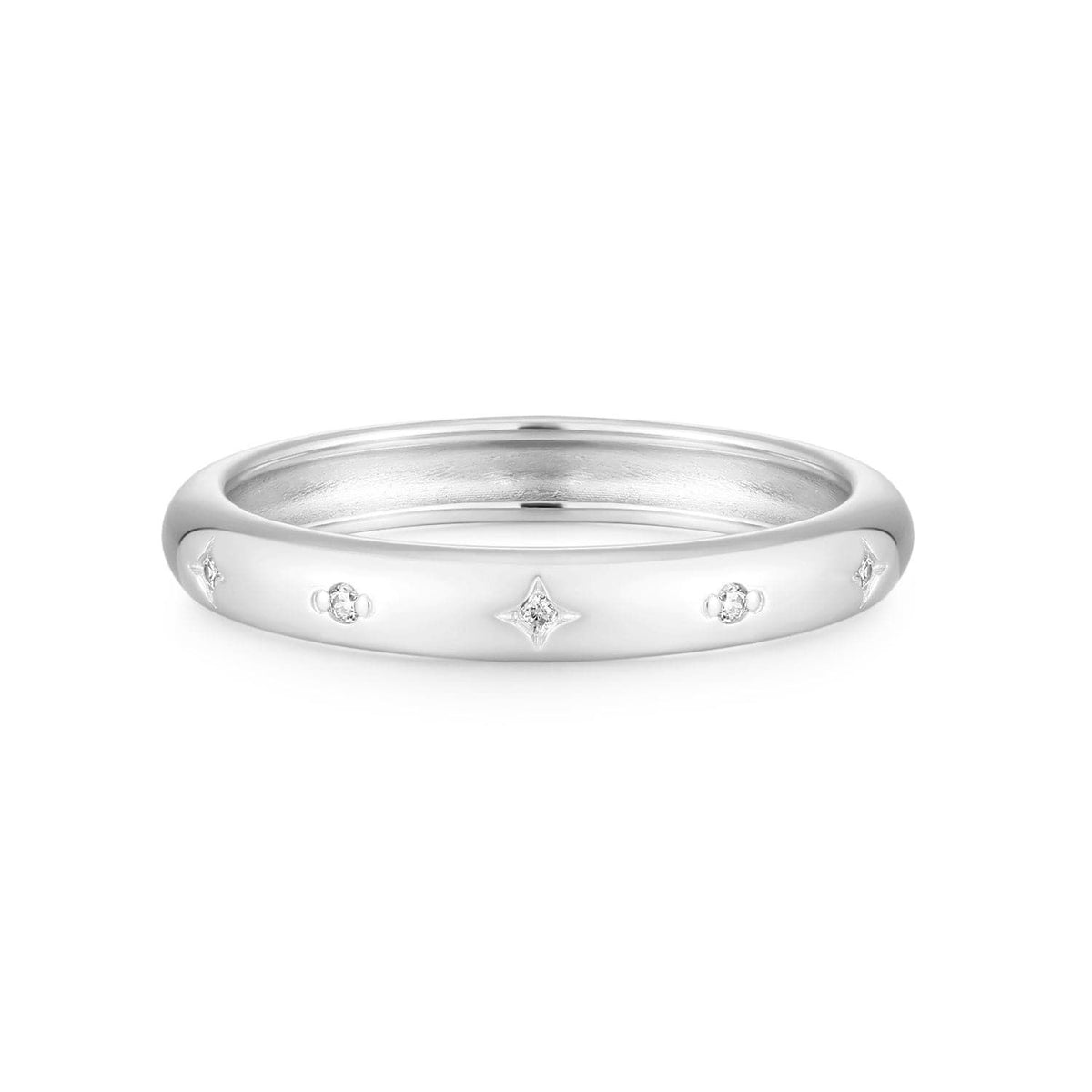 Silver Galaxy Ring with star and round CZ accents, perfect for stacking or everyday wear