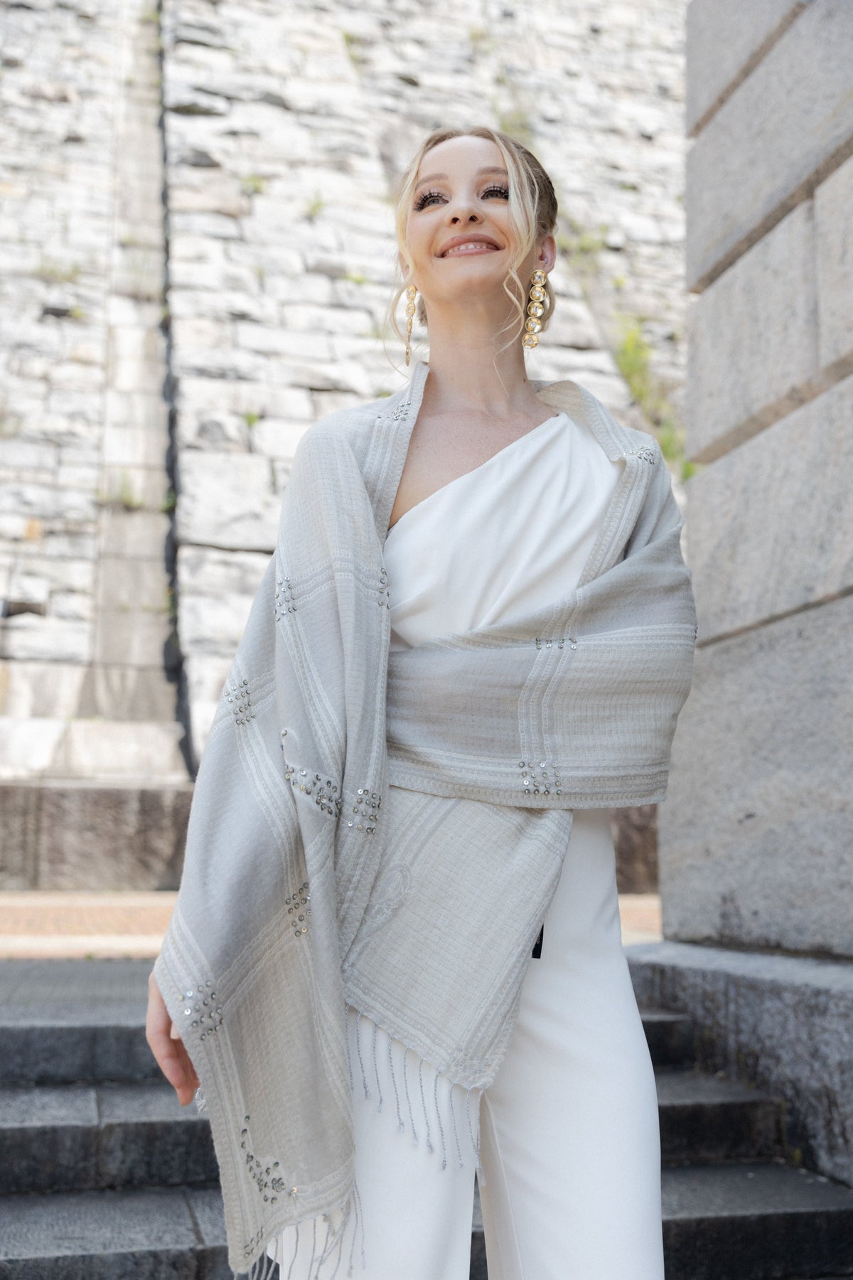 Sequin Oversized Block Scarf - Beige