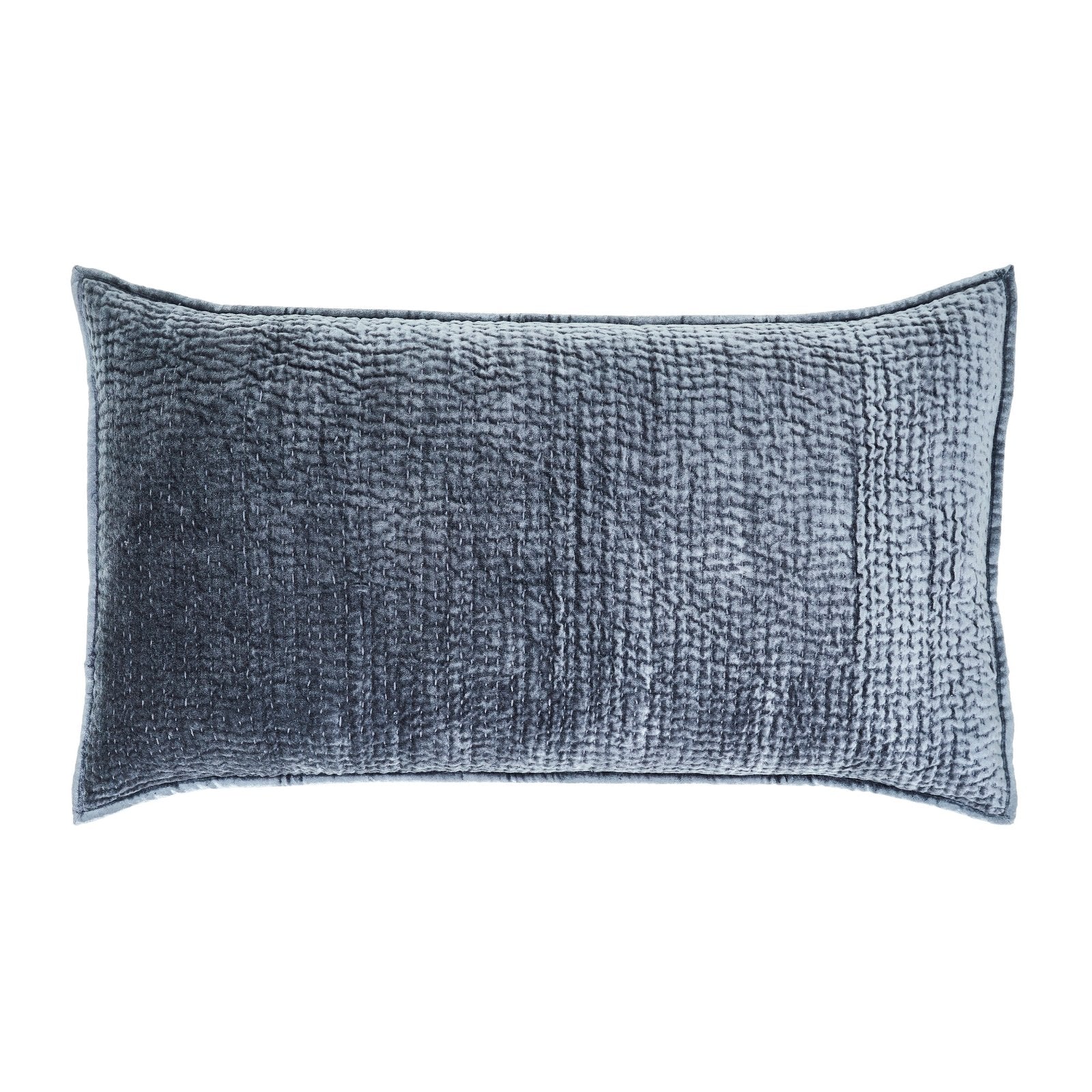KS-195-2036-LOT1_1|Plush slate blue velvet coverlet with a kantha stitch texture, ideal for adding warmth and visual interest to bedding.